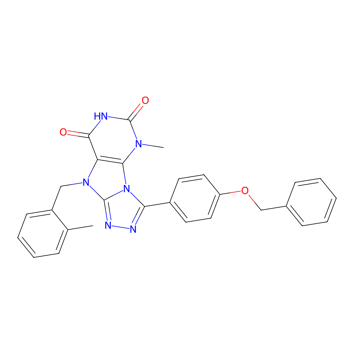 3-(4-(benzyloxy)phenyl)-5-methyl-9-(2-methylbenzyl)-5H-[1,2,4]triazolo[4,3-e]purine-6,8(7H,9H)-dione molecular structure, CAS 1040663-65-7