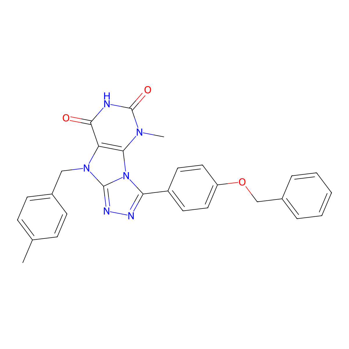 3-[4-(benzyloxy)phenyl]-5-methyl-9-[(4-methylphenyl)methyl]-5H,6H,7H,8H,9H-[1,2,4]triazolo[3,4-h]purine-6,8-dione molecular structure, CAS 1040663-81-7