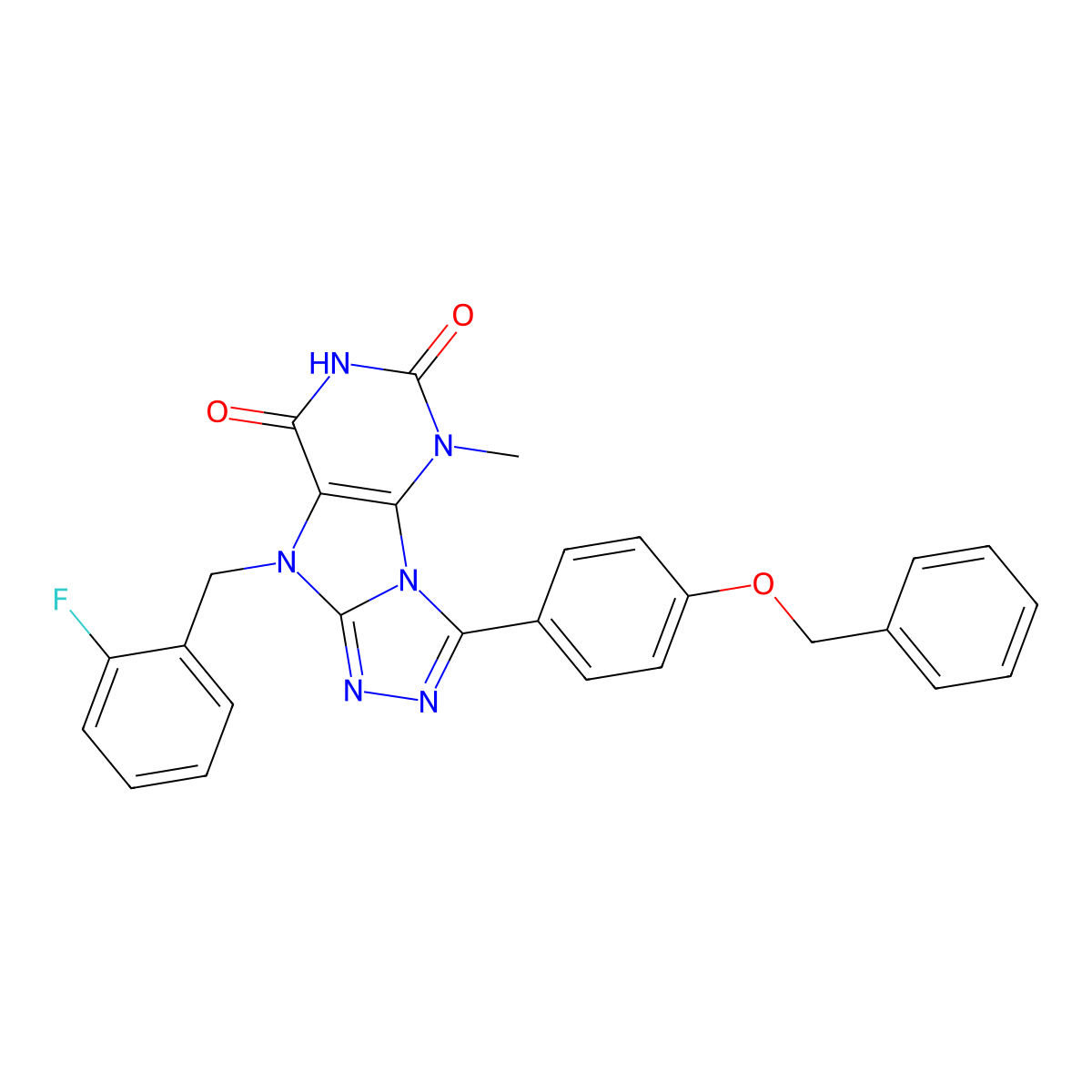 3-[4-(benzyloxy)phenyl]-9-[(2-fluorophenyl)methyl]-5-methyl-5H,6H,7H,8H,9H-[1,2,4]triazolo[3,4-h]purine-6,8-dione molecular structure, CAS 1040663-89-5