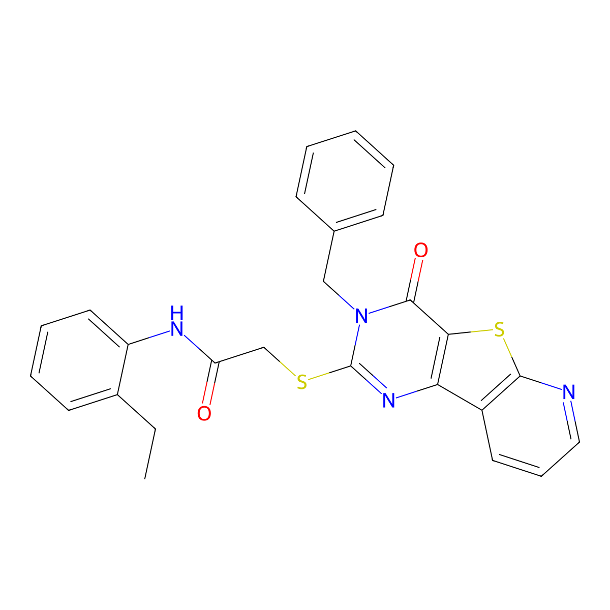 2-({5-benzyl-6-oxo-8-thia-3,5,10-triazatricyclo[7.4.0.0^{2,7}]trideca-1(9),2(7),3,10,12-pentaen-4-yl}sulfanyl)-N-(2-ethylphenyl)acetamide molecular structure, CAS 1040663-96-4