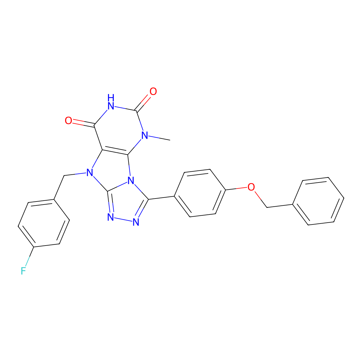 3-[4-(benzyloxy)phenyl]-9-[(4-fluorophenyl)methyl]-5-methyl-5H,6H,7H,8H,9H-[1,2,4]triazolo[3,4-h]purine-6,8-dione molecular structure, CAS 1040663-97-5