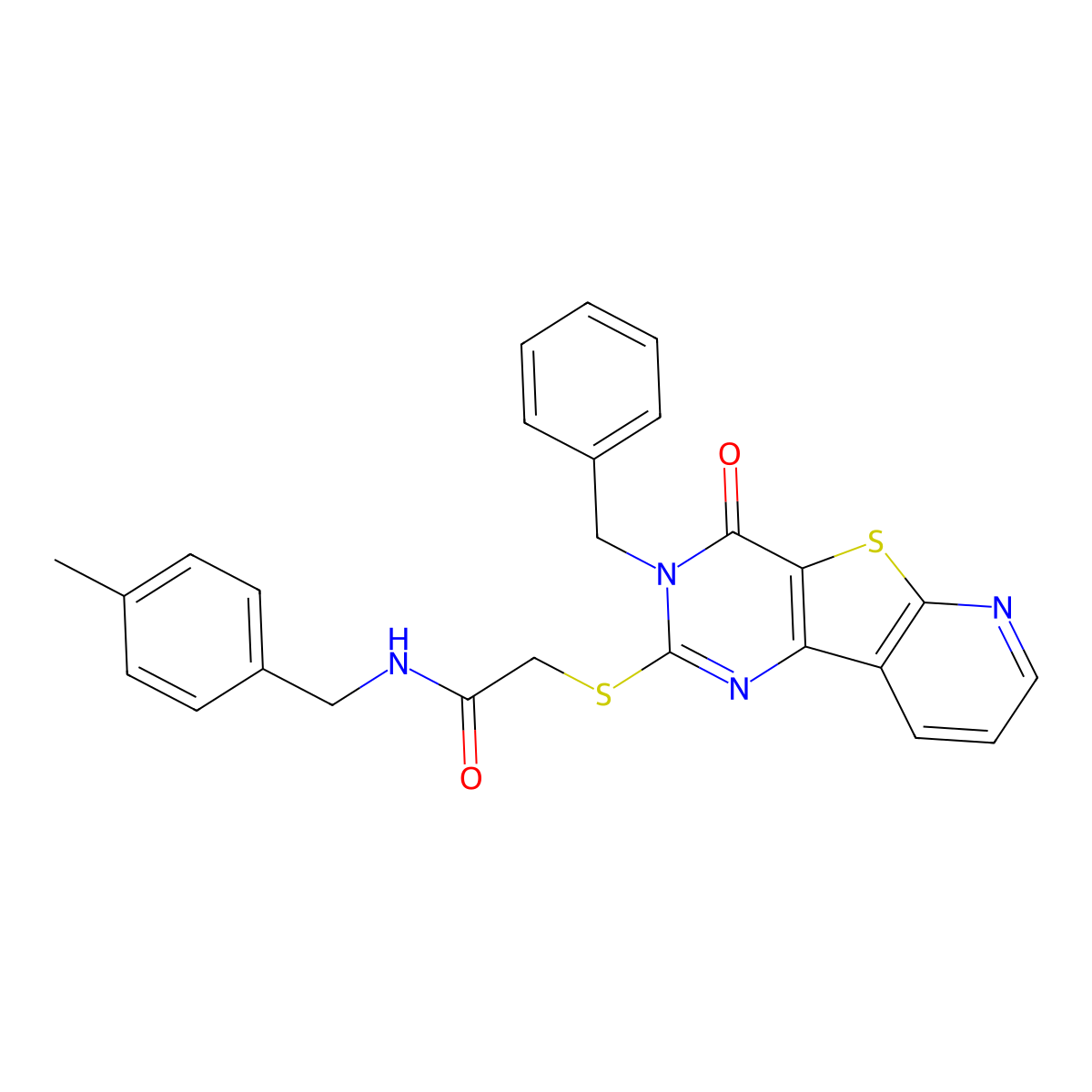 2-({5-benzyl-6-oxo-8-thia-3,5,10-triazatricyclo[7.4.0.0^{2,7}]trideca-1(9),2(7),3,10,12-pentaen-4-yl}sulfanyl)-N-[(4-methylphenyl)methyl]acetamide molecular structure, CAS 1040664-04-7