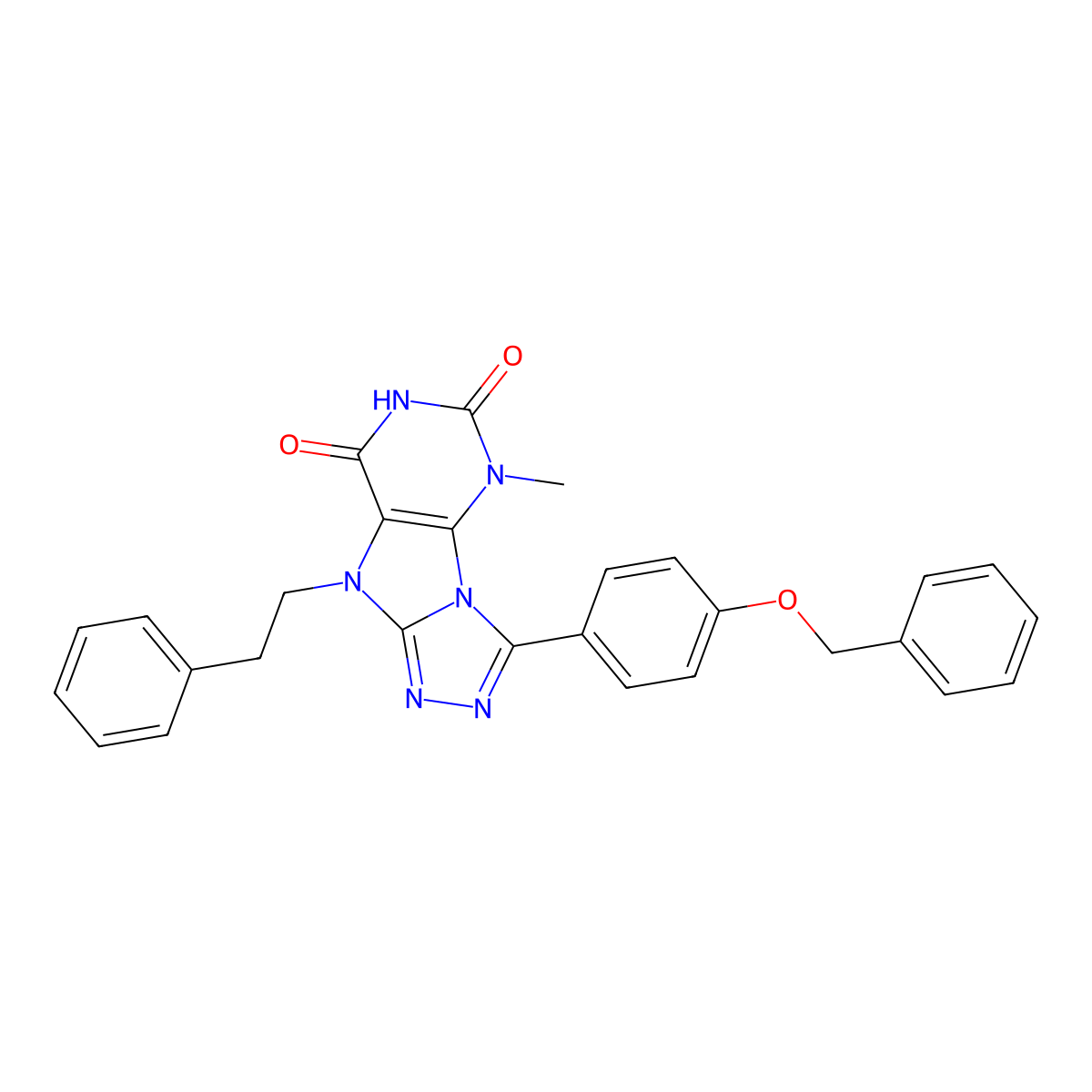 3-[4-(benzyloxy)phenyl]-5-methyl-9-(2-phenylethyl)-5H,6H,7H,8H,9H-[1,2,4]triazolo[3,4-h]purine-6,8-dione molecular structure, CAS 1040664-05-8