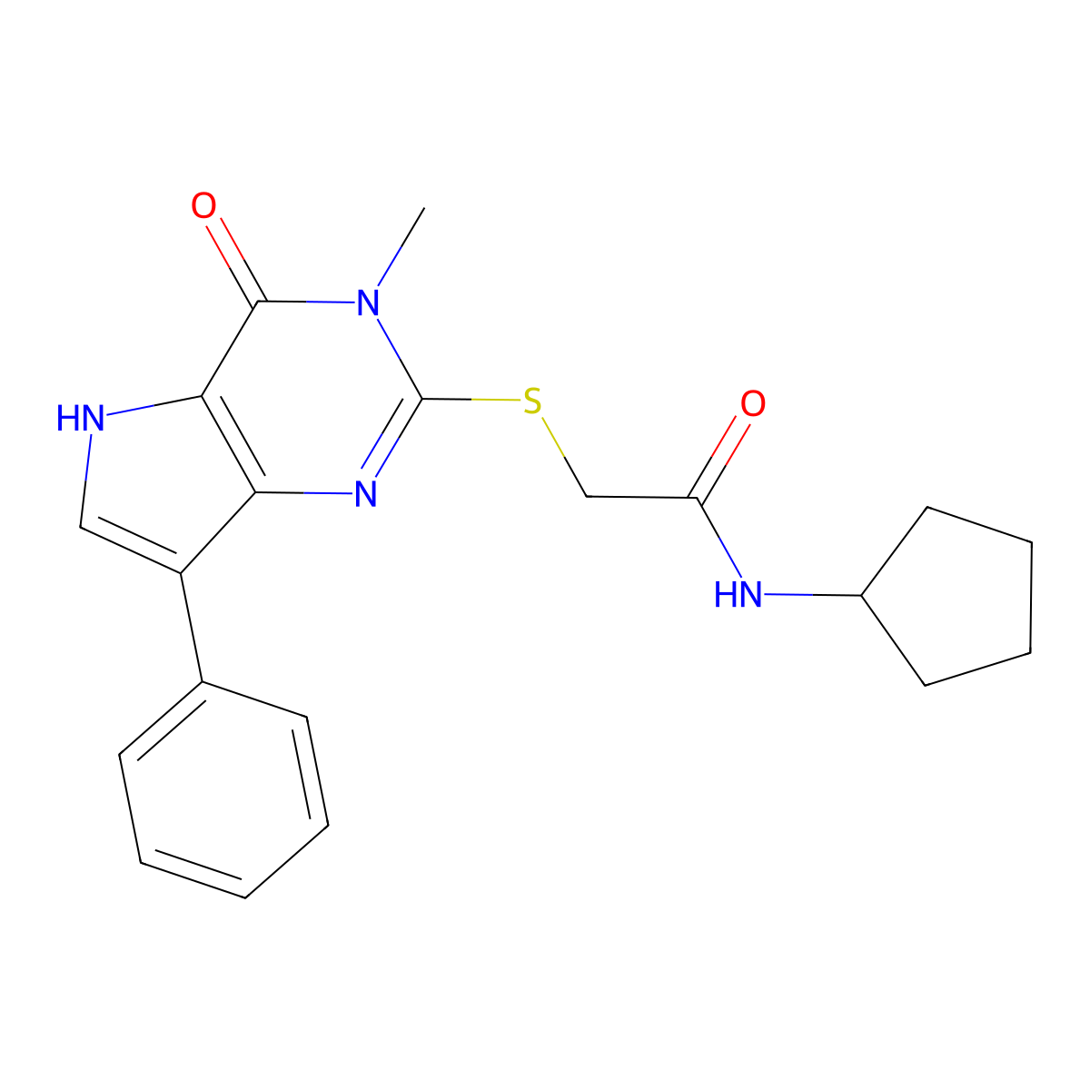 N-cyclopentyl-2-({3-methyl-4-oxo-7-phenyl-3H,4H,5H-pyrrolo[3,2-d]pyrimidin-2-yl}sulfanyl)acetamide molecular structure, CAS 1040664-09-2