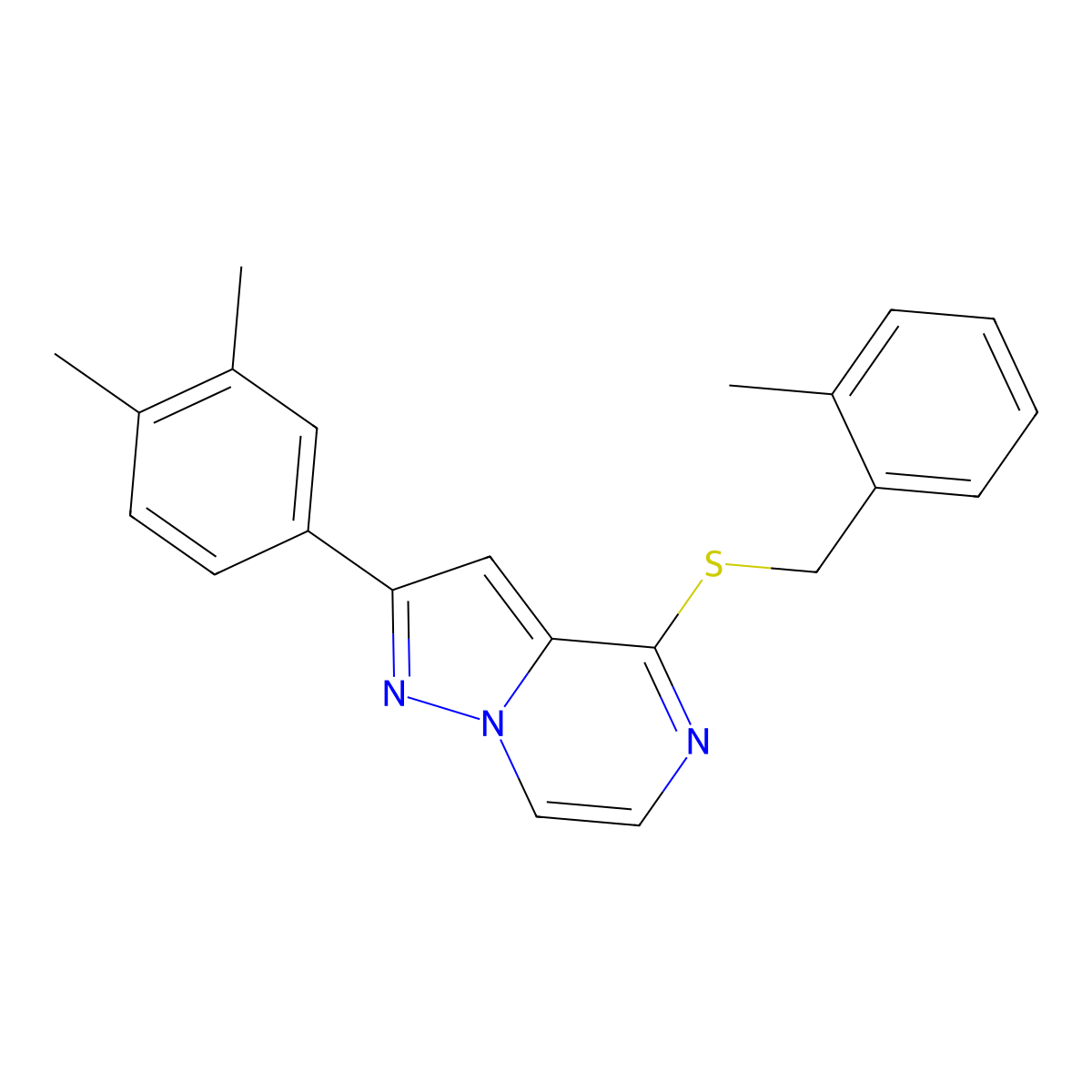 2-(3,4-Dimethylphenyl)-4-{[(2-methylphenyl)methyl]sulfanyl}pyrazolo[1,5-A]pyrazine molecular structure, CAS 1040664-14-9