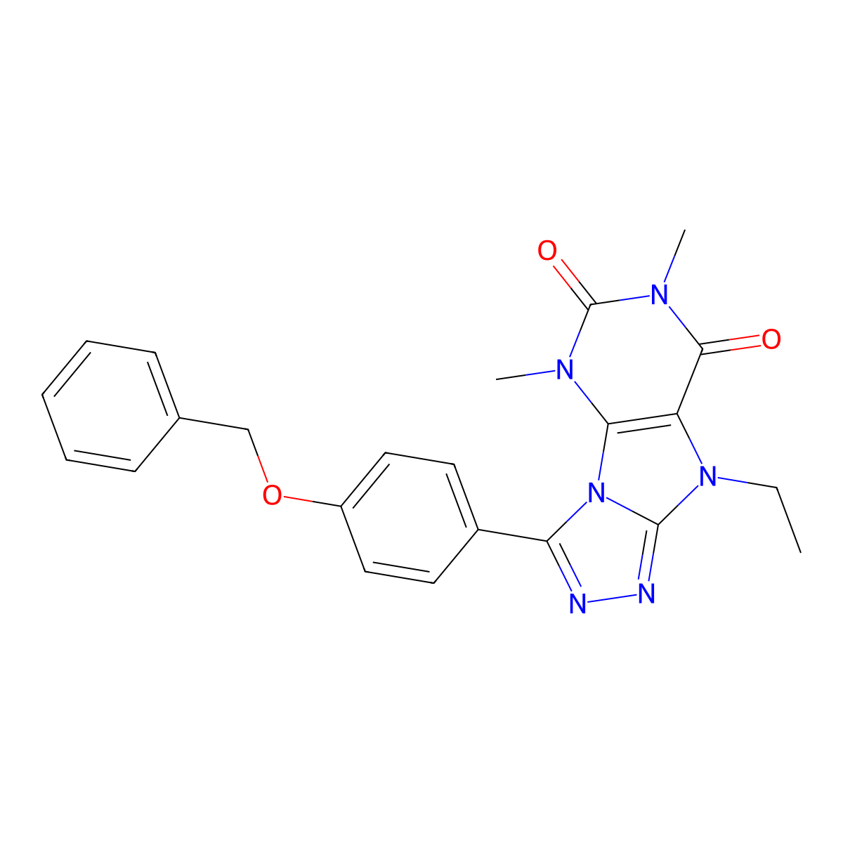 3-[4-(benzyloxy)phenyl]-9-ethyl-5,7-dimethyl-5H,6H,7H,8H,9H-[1,2,4]triazolo[3,4-h]purine-6,8-dione molecular structure, CAS 1040664-21-8