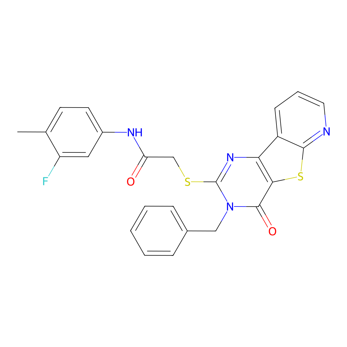 2-({5-benzyl-6-oxo-8-thia-3,5,10-triazatricyclo[7.4.0.0^{2,7}]trideca-1(9),2(7),3,10,12-pentaen-4-yl}sulfanyl)-N-(3-fluoro-4-methylphenyl)acetamide molecular structure, CAS 1040664-28-5