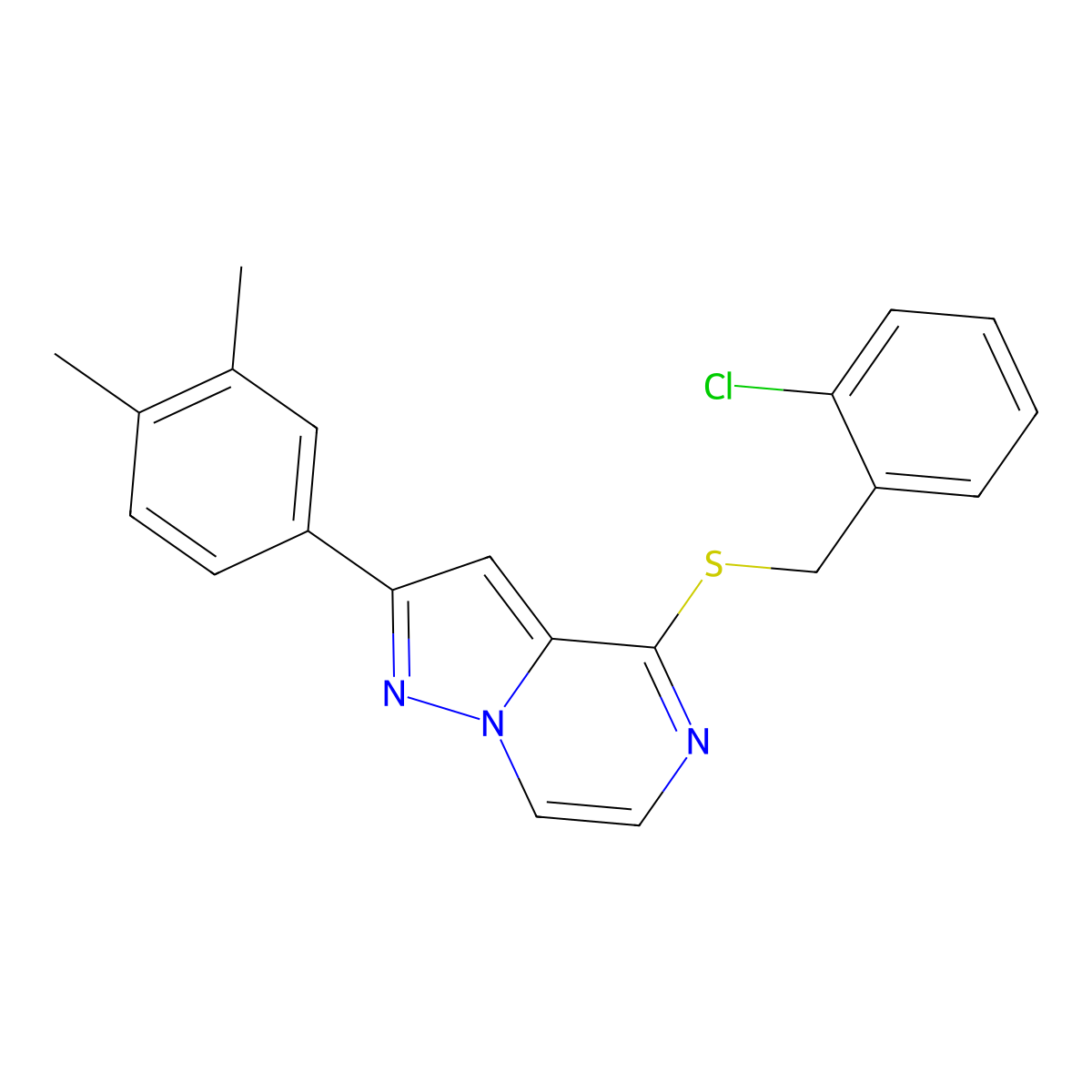 4-[(2-Chlorobenzyl)thio]-2-(3,4-dimethylphenyl)pyrazolo[1,5-a]pyrazine molecular structure, CAS 1040664-30-9