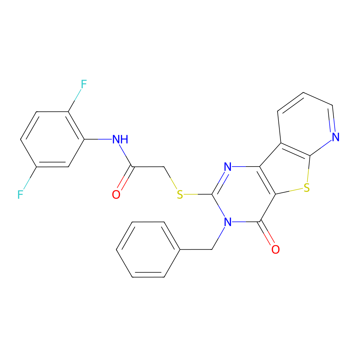 2-({5-benzyl-6-oxo-8-thia-3,5,10-triazatricyclo[7.4.0.0^{2,7}]trideca-1(9),2(7),3,10,12-pentaen-4-yl}sulfanyl)-N-(2,5-difluorophenyl)acetamide molecular structure, CAS 1040664-43-4