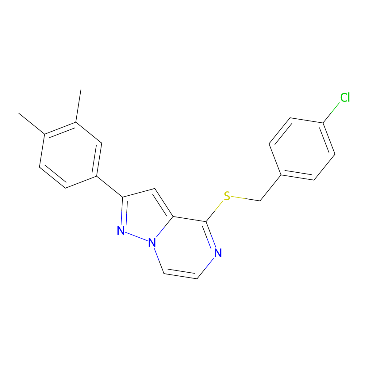 4-[(4-Chlorobenzyl)thio]-2-(3,4-dimethylphenyl)pyrazolo[1,5-a]pyrazine molecular structure, CAS 1040664-44-5