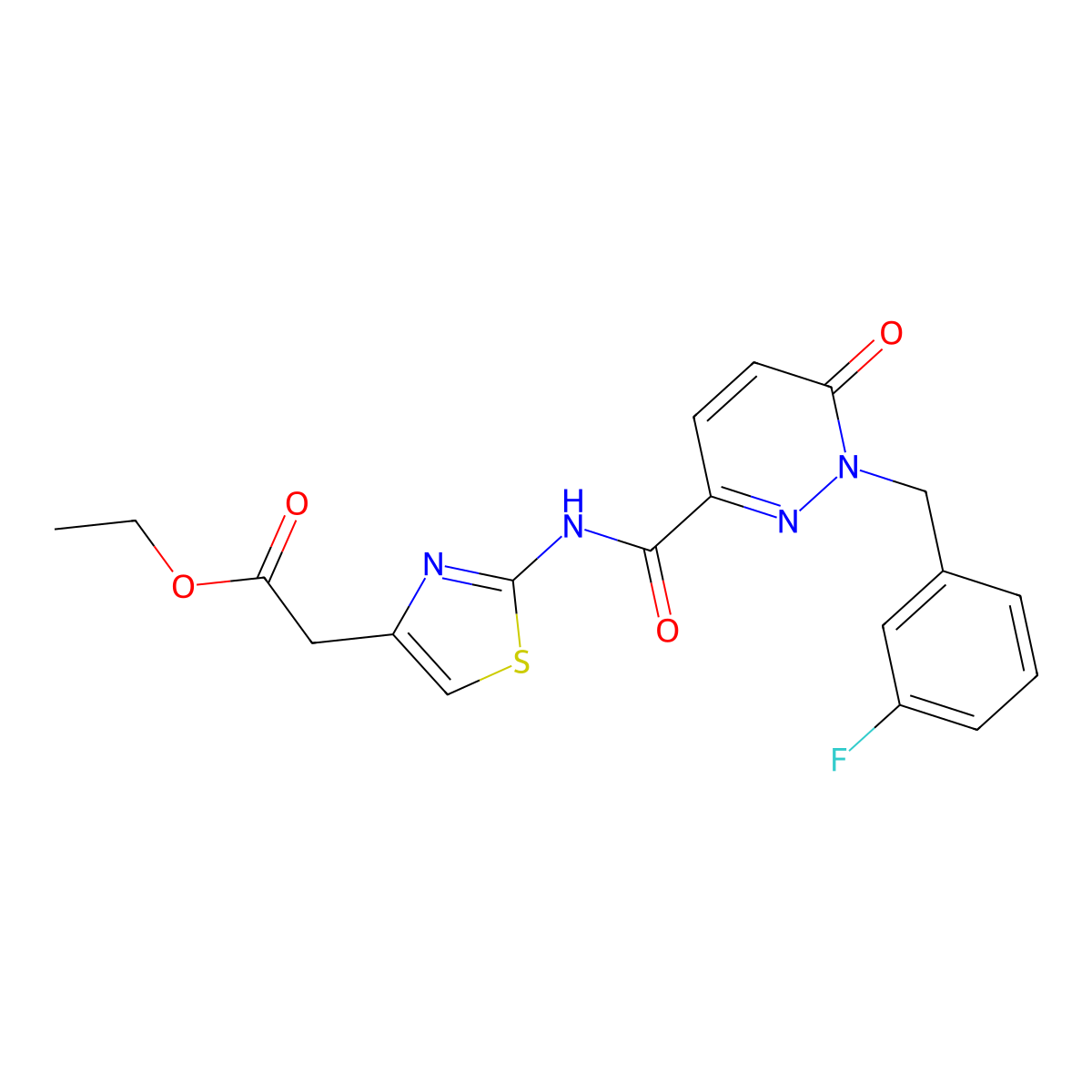 Ethyl 2-(2-(1-(3-fluorobenzyl)-6-oxo-1,6-dihydropyridazine-3-carboxamido)thiazol-4-yl)acetate molecular structure, CAS 1040664-49-0