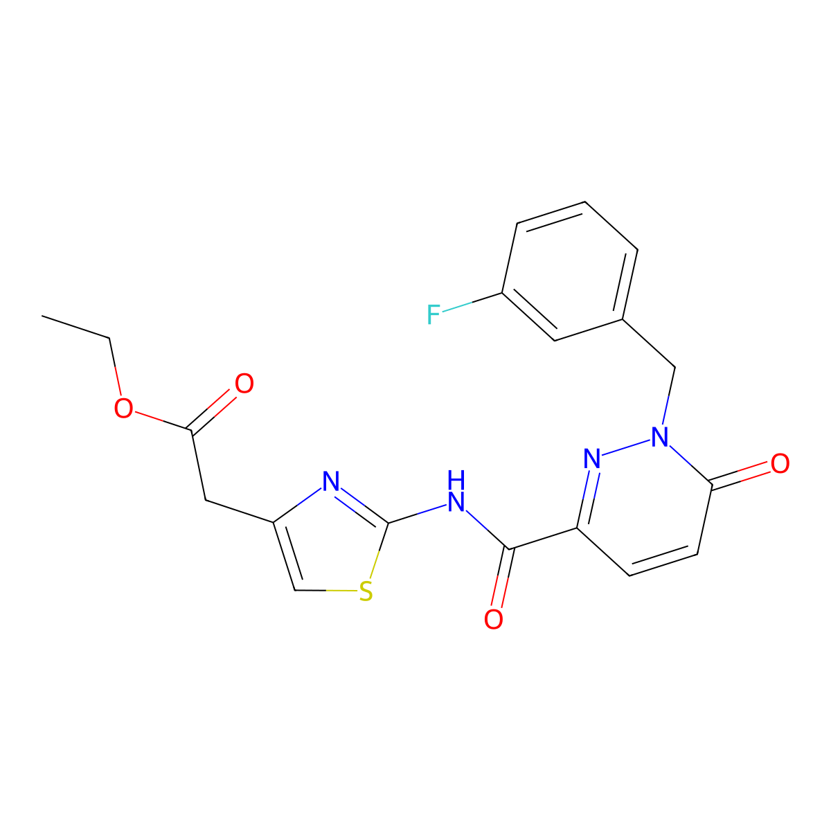 Ethyl 2-(2-(1-(3-fluorobenzyl)-6-oxo-1,6-dihydropyridazine-3-carboxamido)thiazol-4-yl)acetate molecular structure, CAS 1040664-49-0