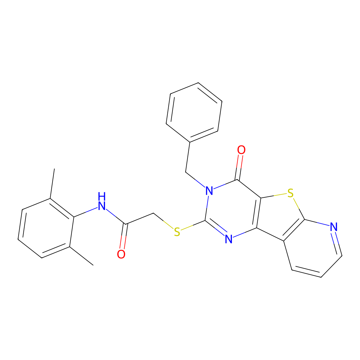 2-({5-benzyl-6-oxo-8-thia-3,5,10-triazatricyclo[7.4.0.0^{2,7}]trideca-1(9),2(7),3,10,12-pentaen-4-yl}sulfanyl)-N-(2,6-dimethylphenyl)acetamide molecular structure, CAS 1040664-50-3