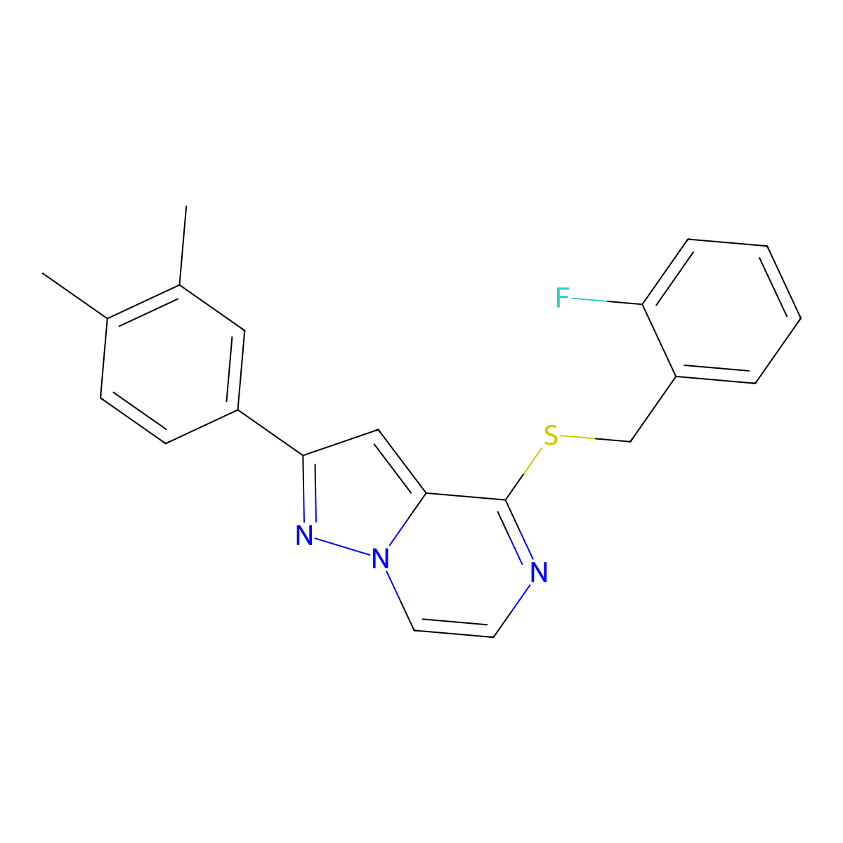 2-(3,4-Dimethylphenyl)-4-[(2-fluorobenzyl)thio]pyrazolo[1,5-a]pyrazine molecular structure, CAS 1040664-51-4