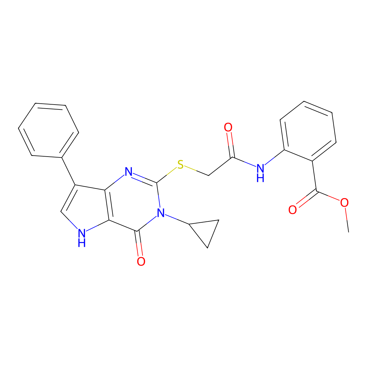 methyl 2-[2-({3-cyclopropyl-4-oxo-7-phenyl-3H,4H,5H-pyrrolo[3,2-d]pyrimidin-2-yl}sulfanyl)acetamido]benzoate molecular structure, CAS 1040664-54-7