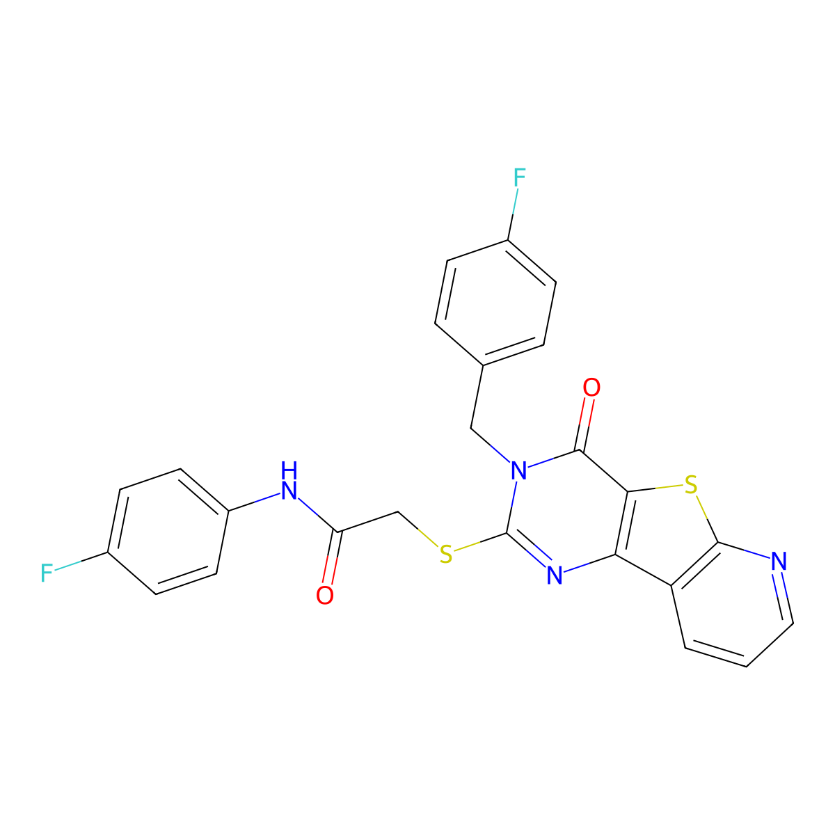 N-(4-fluorophenyl)-2-({5-[(4-fluorophenyl)methyl]-6-oxo-8-thia-3,5,10-triazatricyclo[7.4.0.0^{2,7}]trideca-1(9),2(7),3,10,12-pentaen-4-yl}sulfanyl)acetamide molecular structure, CAS 1040664-57-0