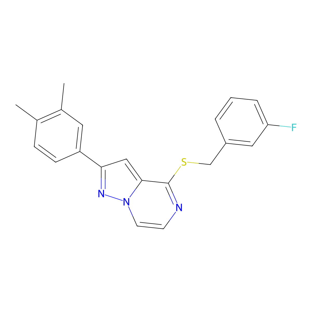 2-(3,4-Dimethylphenyl)-4-[(3-fluorobenzyl)thio]pyrazolo[1,5-a]pyrazine molecular structure, CAS 1040664-58-1