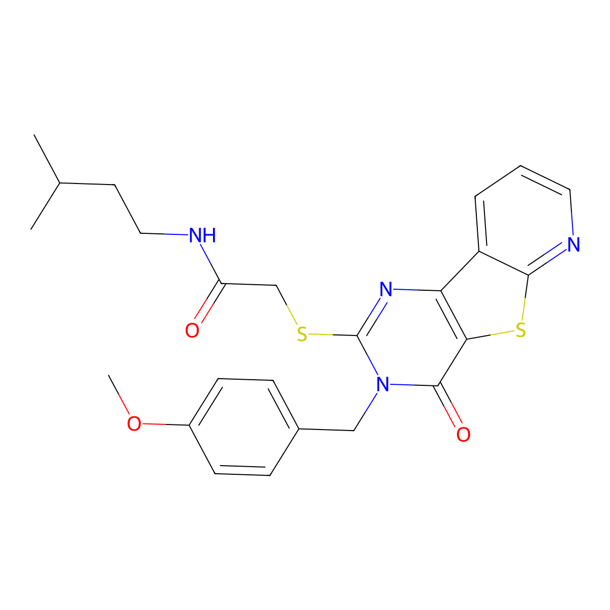 2-({5-[(4-methoxyphenyl)methyl]-6-oxo-8-thia-3,5,10-triazatricyclo[7.4.0.0^{2,7}]trideca-1(9),2(7),3,10,12-pentaen-4-yl}sulfanyl)-N-(3-methylbutyl)acetamide molecular structure, CAS 1040664-64-9