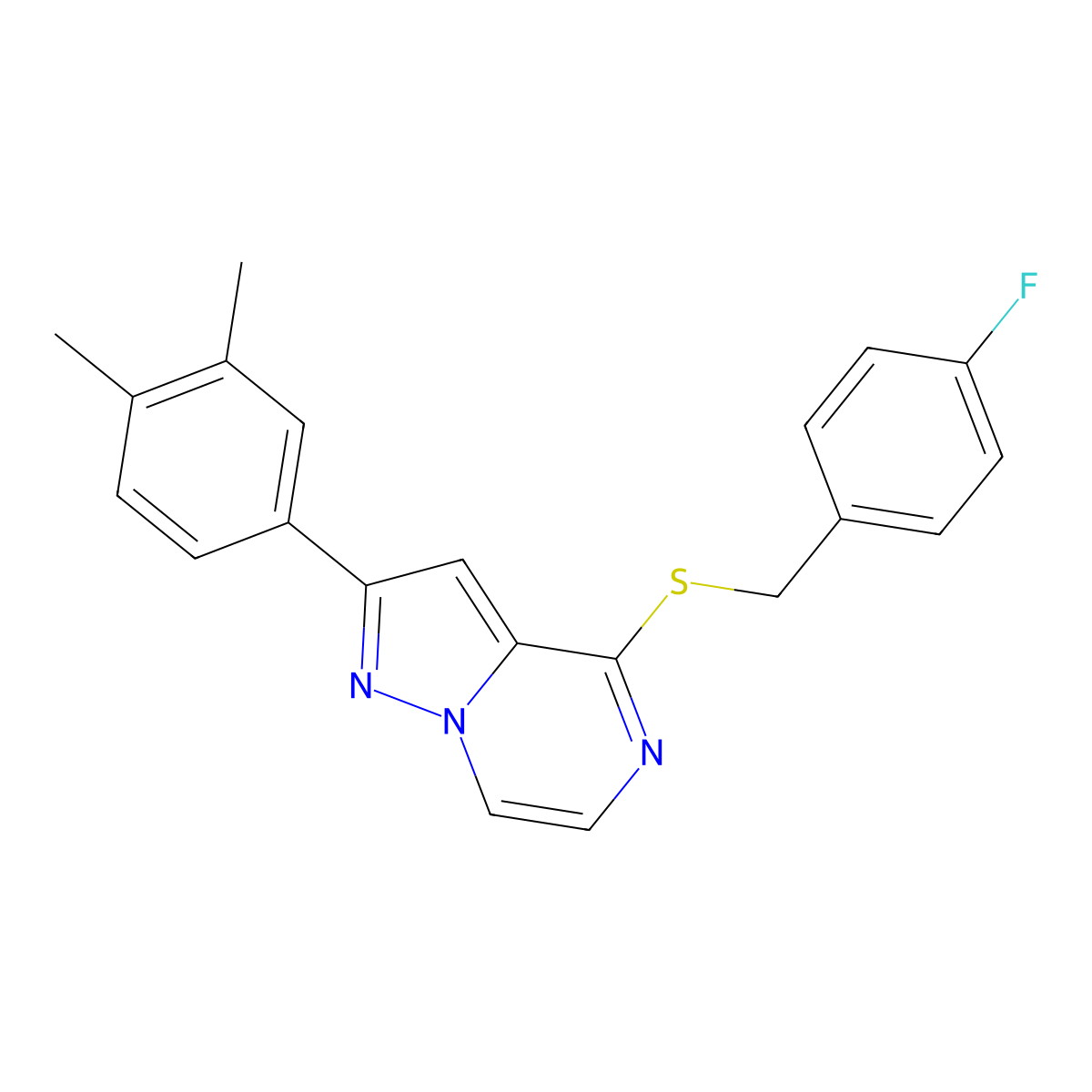 2-(3,4-Dimethylphenyl)-4-[(4-fluorobenzyl)thio]pyrazolo[1,5-a]pyrazine molecular structure, CAS 1040664-65-0