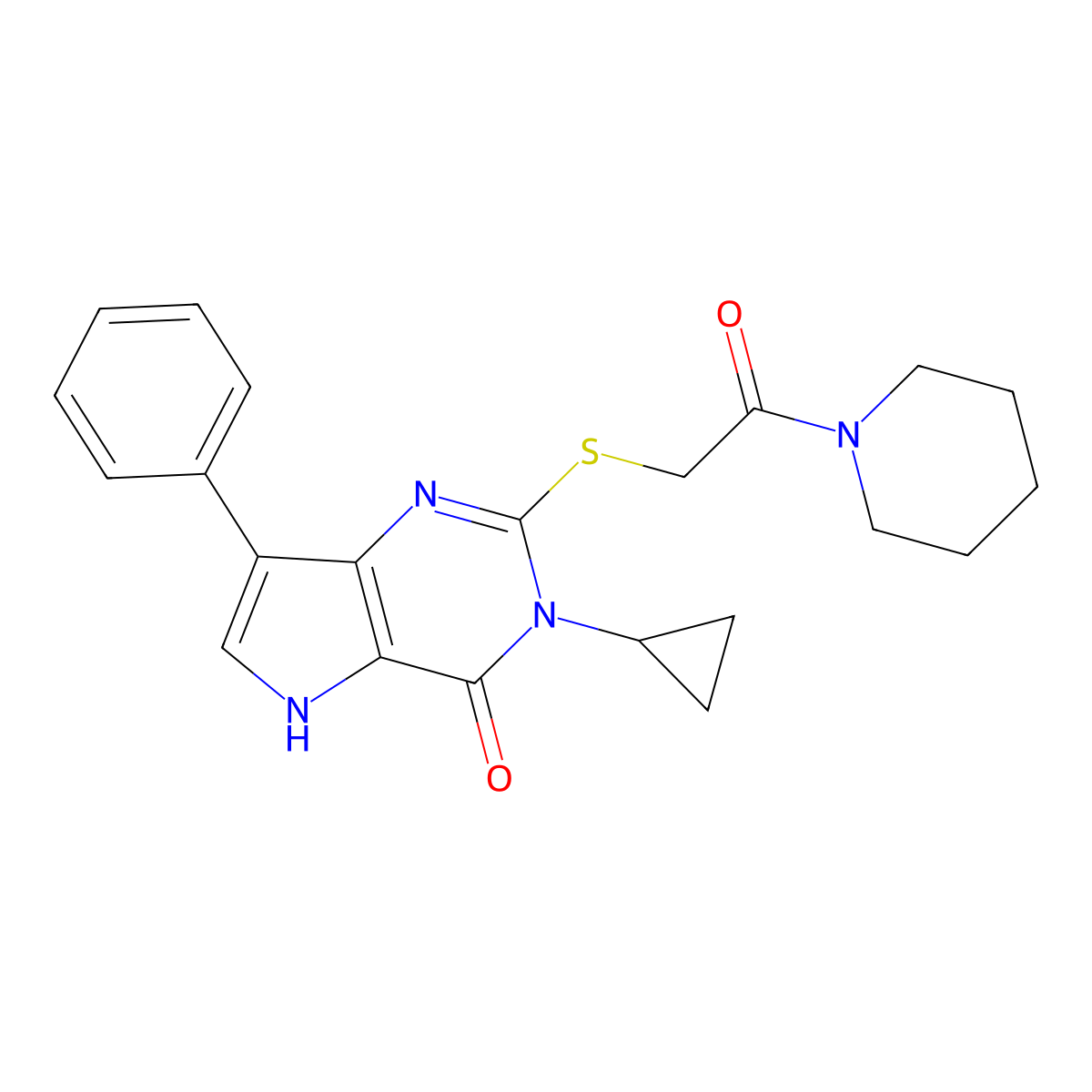 3-cyclopropyl-2-{[2-oxo-2-(piperidin-1-yl)ethyl]sulfanyl}-7-phenyl-3H,4H,5H-pyrrolo[3,2-d]pyrimidin-4-one molecular structure, CAS 1040664-68-3