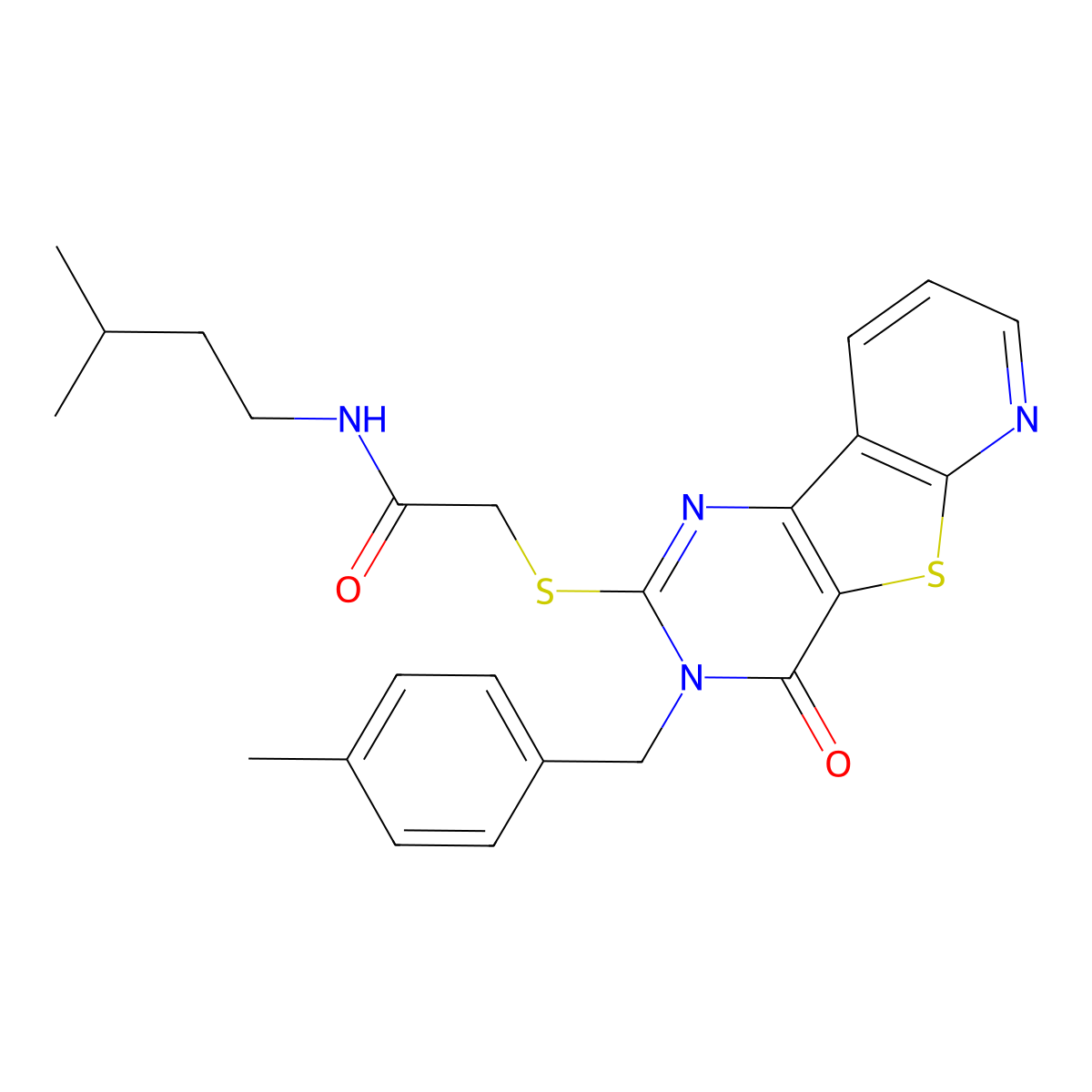 N-(3-methylbutyl)-2-({5-[(4-methylphenyl)methyl]-6-oxo-8-thia-3,5,10-triazatricyclo[7.4.0.0^{2,7}]trideca-1(9),2(7),3,10,12-pentaen-4-yl}sulfanyl)acetamide molecular structure, CAS 1040664-79-6