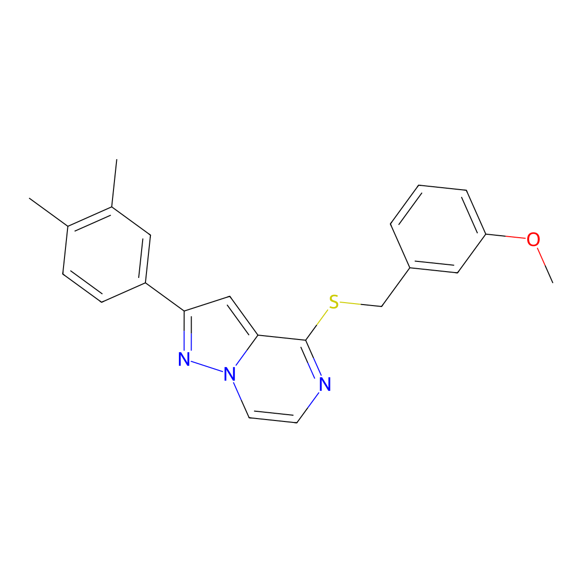 2-(3,4-Dimethylphenyl)-4-{[(3-methoxyphenyl)methyl]sulfanyl}pyrazolo[1,5-A]pyrazine molecular structure, CAS 1040664-80-9
