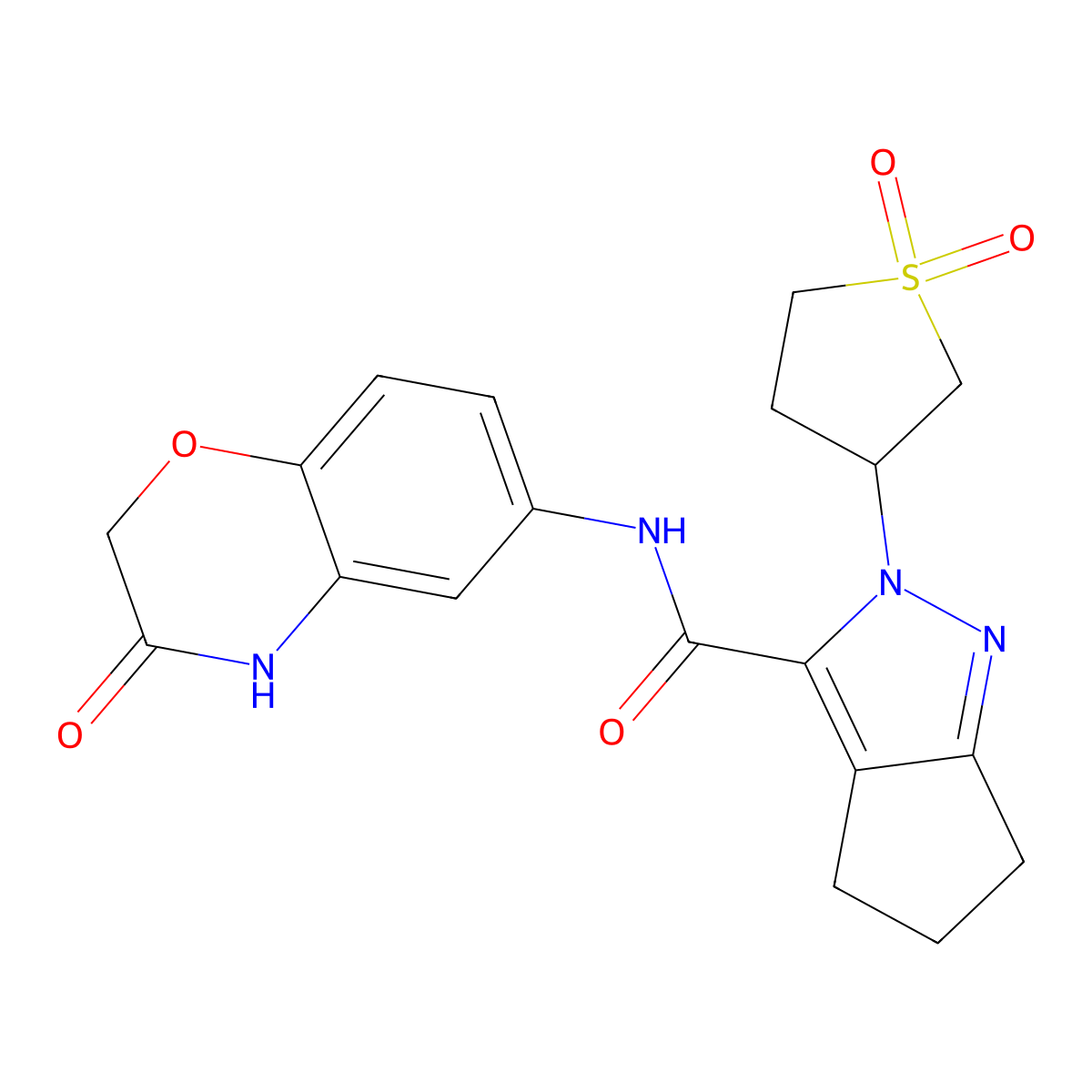2-(1,1-dioxidotetrahydrothiophen-3-yl)-N-(3-oxo-3,4-dihydro-2H-benzo[b][1,4]oxazin-6-yl)-2,4,5,6-tetrahydrocyclopenta[c]pyrazole-3-carboxamide molecular structure, CAS 1040665-41-5