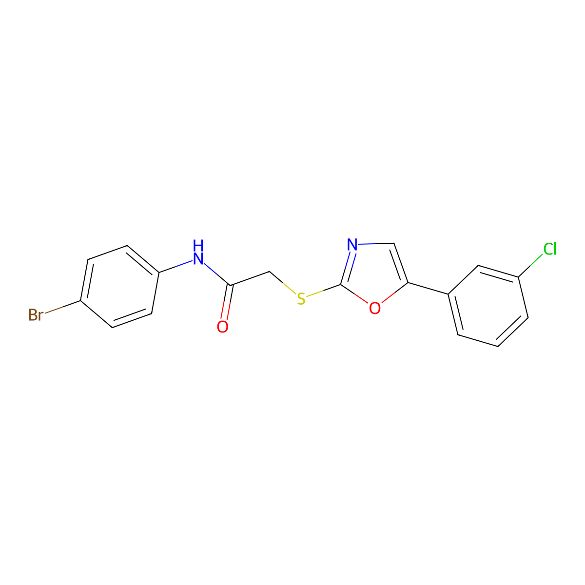 N-(4-bromophenyl)-2-((5-(3-chlorophenyl)oxazol-2-yl)thio)acetamide molecular structure, CAS 1040665-85-7