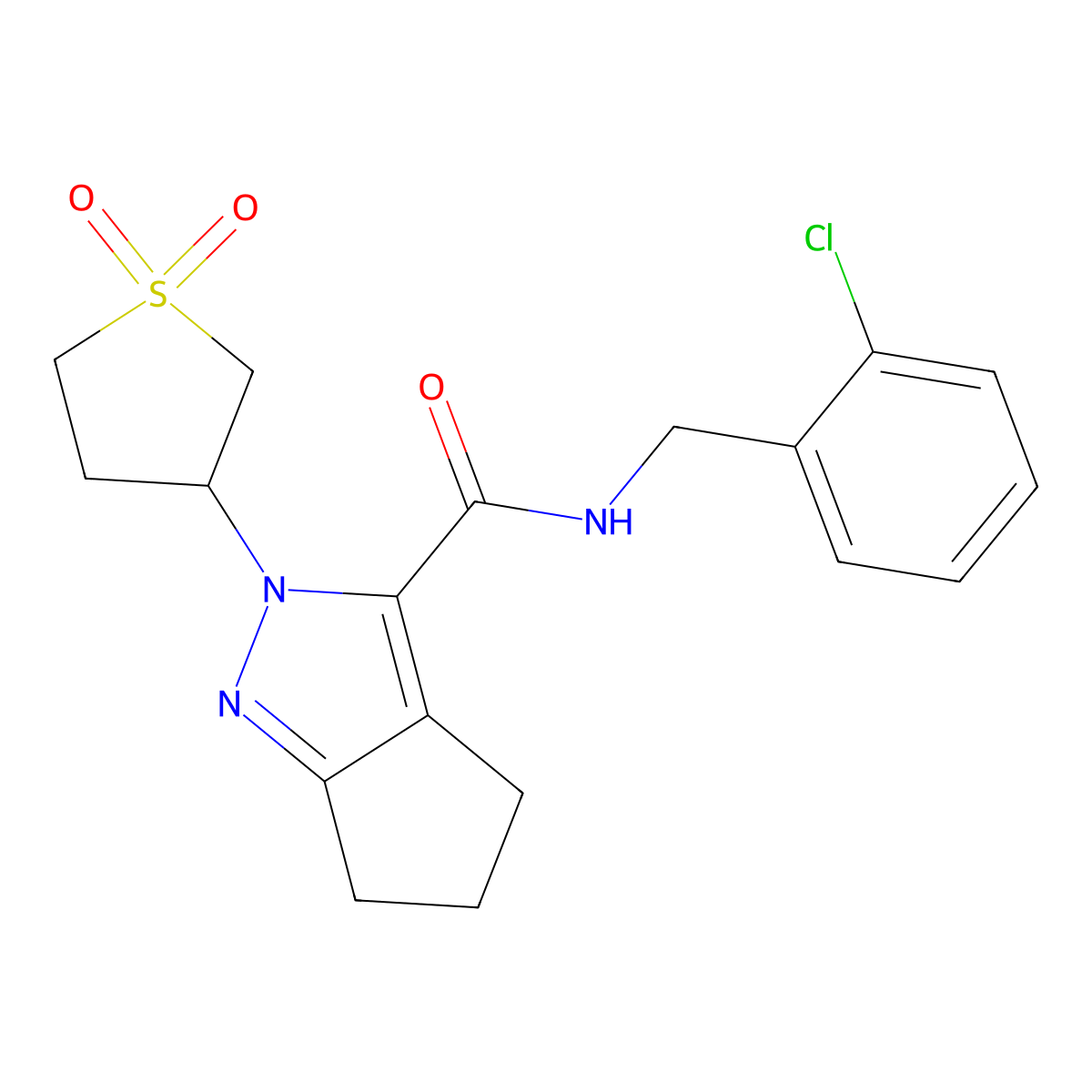 N-(2-chlorobenzyl)-2-(1,1-dioxidotetrahydrothiophen-3-yl)-2,4,5,6-tetrahydrocyclopenta[c]pyrazole-3-carboxamide molecular structure, CAS 1040665-93-7