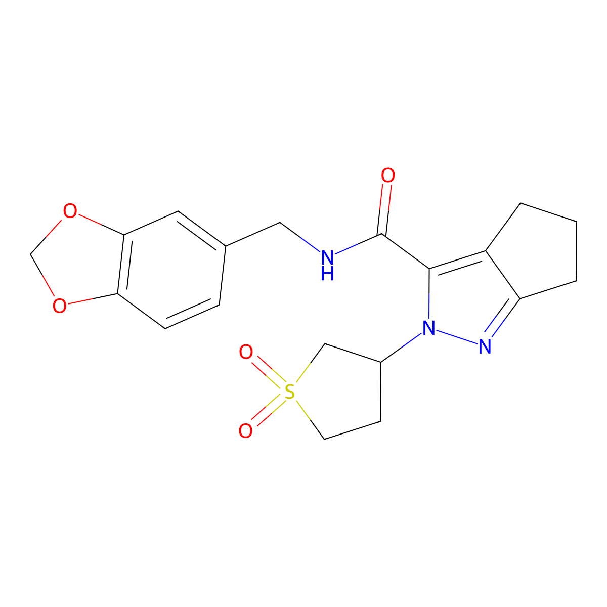 N-(benzo[d][1,3]dioxol-5-ylmethyl)-2-(1,1-dioxidotetrahydrothiophen-3-yl)-2,4,5,6-tetrahydrocyclopenta[c]pyrazole-3-carboxamide molecular structure, CAS 1040666-00-9