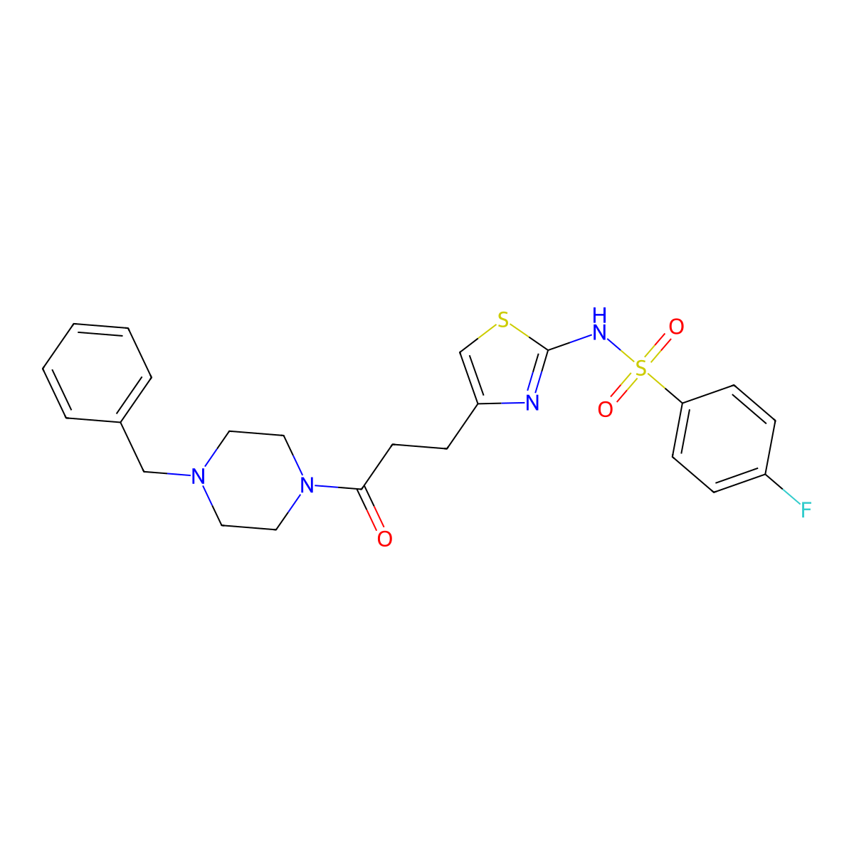 N-(4-(3-(4-benzylpiperazin-1-yl)-3-oxopropyl)thiazol-2-yl)-4-fluorobenzenesulfonamide molecular structure, CAS 1040666-01-0