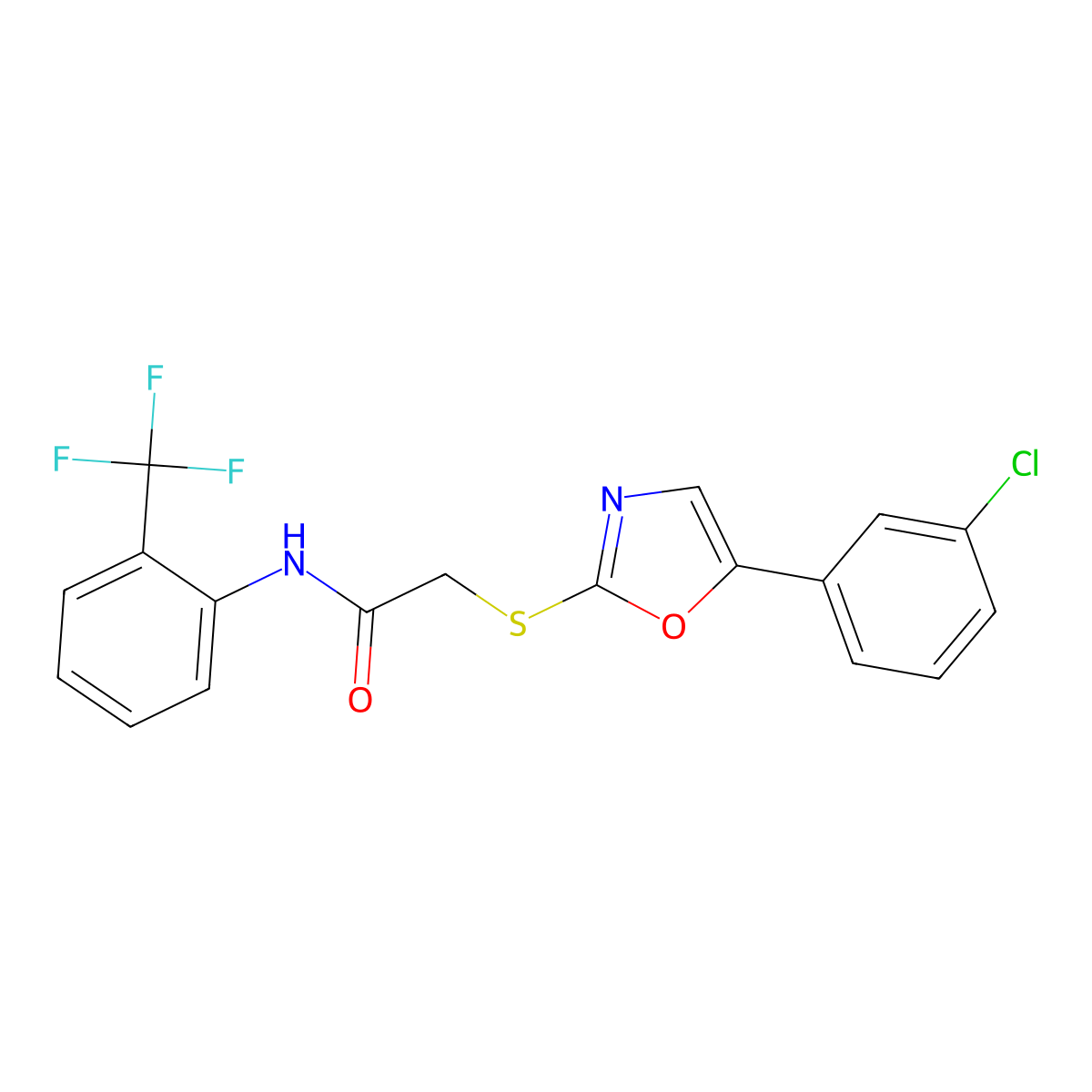 2-{[5-(3-chlorophenyl)-1,3-oxazol-2-yl]sulfanyl}-N-[2-(trifluoromethyl)phenyl]acetamide molecular structure, CAS 1040666-07-6