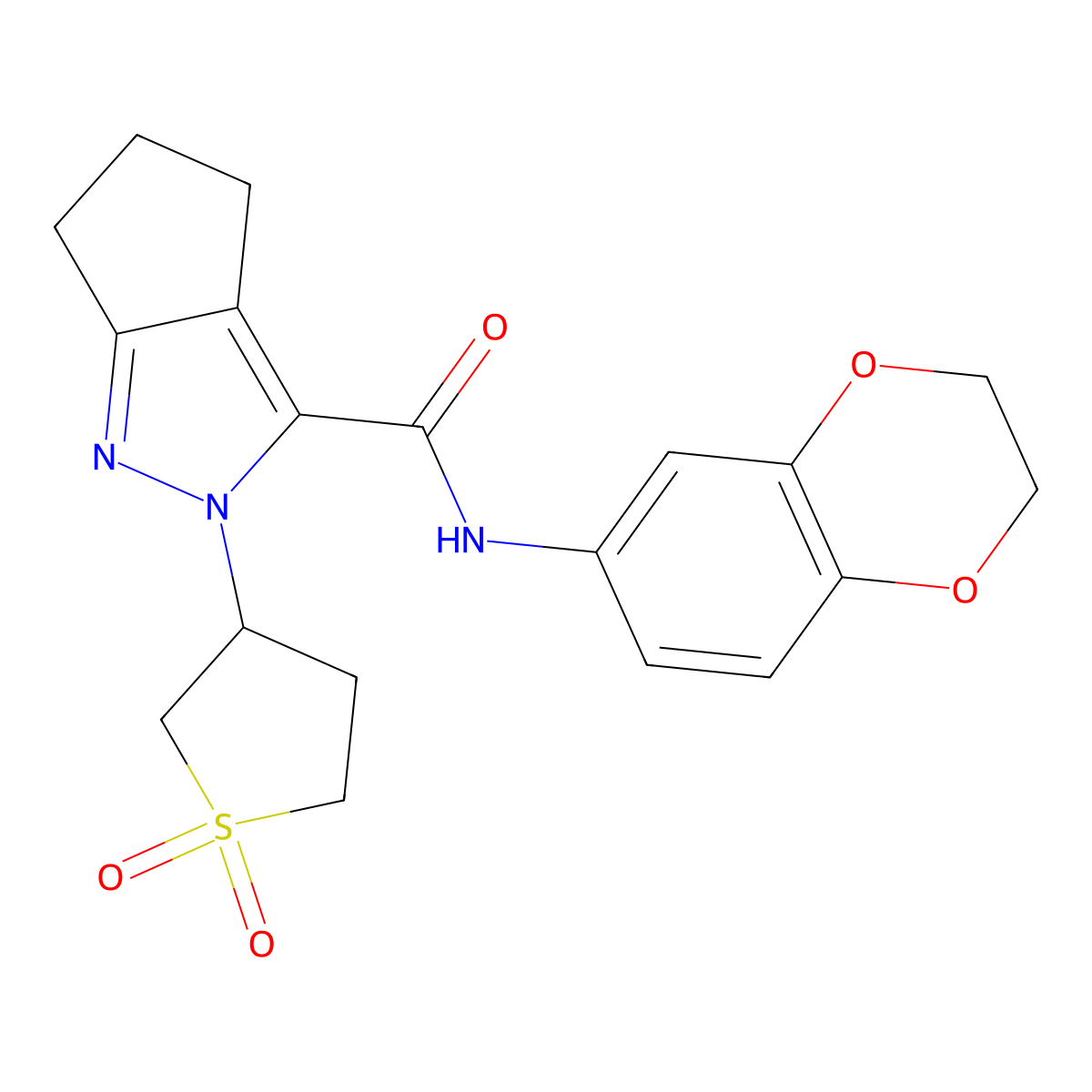 N-(2,3-dihydrobenzo[b][1,4]dioxin-6-yl)-2-(1,1-dioxidotetrahydrothiophen-3-yl)-2,4,5,6-tetrahydrocyclopenta[c]pyrazole-3-carboxamide molecular structure, CAS 1040666-08-7