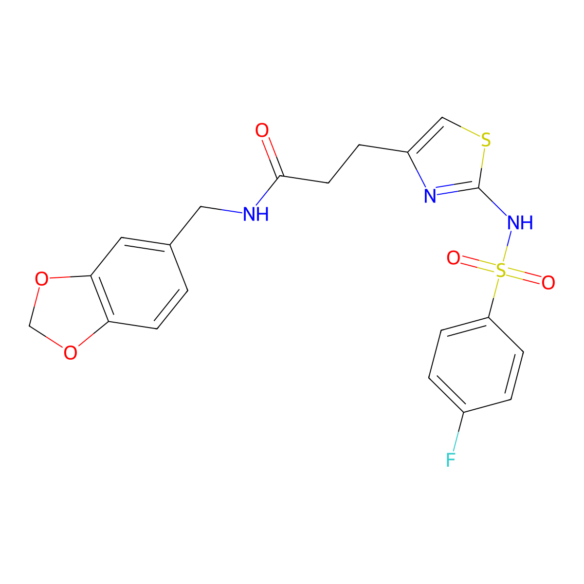 N-[(2H-1,3-benzodioxol-5-yl)methyl]-3-[2-(4-fluorobenzenesulfonamido)-1,3-thiazol-4-yl]propanamide molecular structure, CAS 1040666-17-8