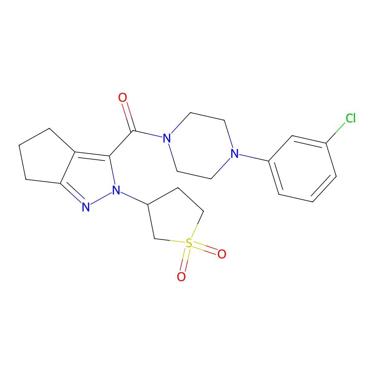 (4-(3-Chlorophenyl)piperazin-1-yl)(2-(1,1-dioxidotetrahydrothiophen-3-yl)-2,4,5,6-tetrahydrocyclopenta[c]pyrazol-3-yl)methanone molecular structure, CAS 1040666-40-7