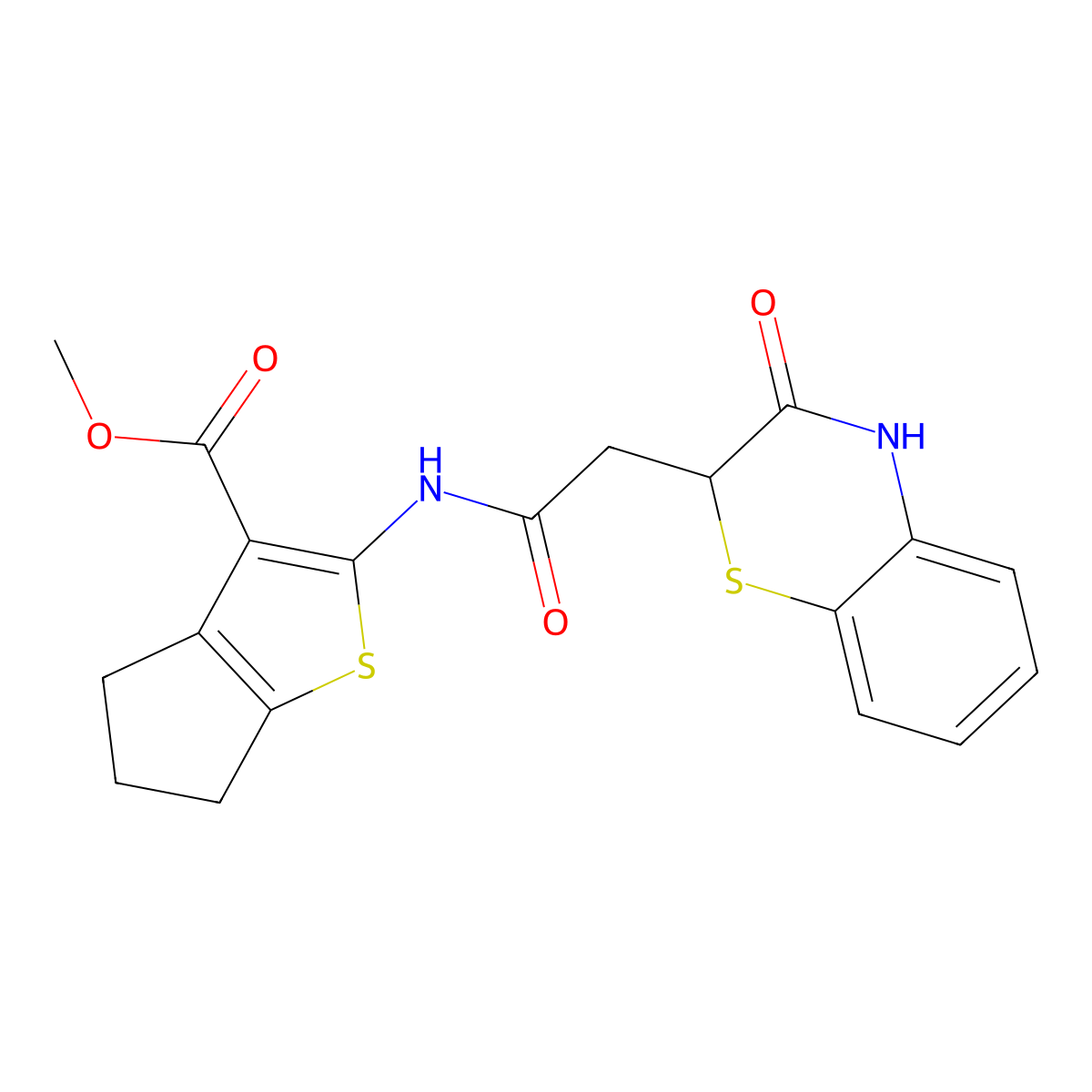 methyl 2-(2-(3-oxo-3,4-dihydro-2H-benzo[b][1,4]thiazin-2-yl)acetamido)-5,6-dihydro-4H-cyclopenta[b]thiophene-3-carboxylate molecular structure, CAS 1040666-43-0