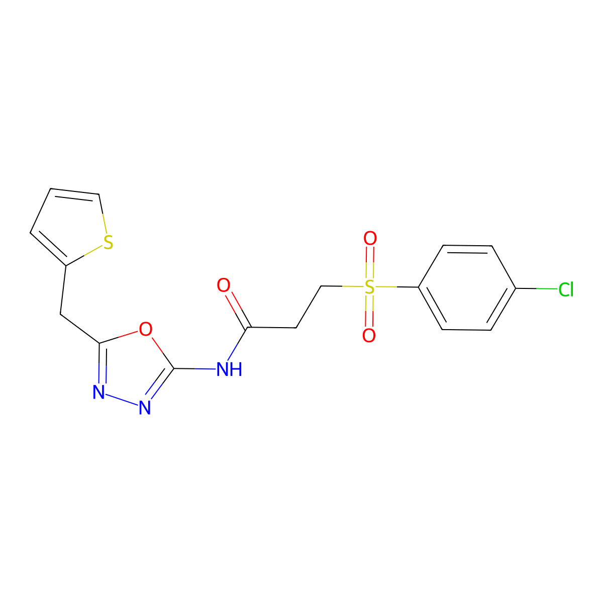 3-(4-chlorobenzenesulfonyl)-N-{5-[(thiophen-2-yl)methyl]-1,3,4-oxadiazol-2-yl}propanamide molecular structure, CAS 1040666-61-2