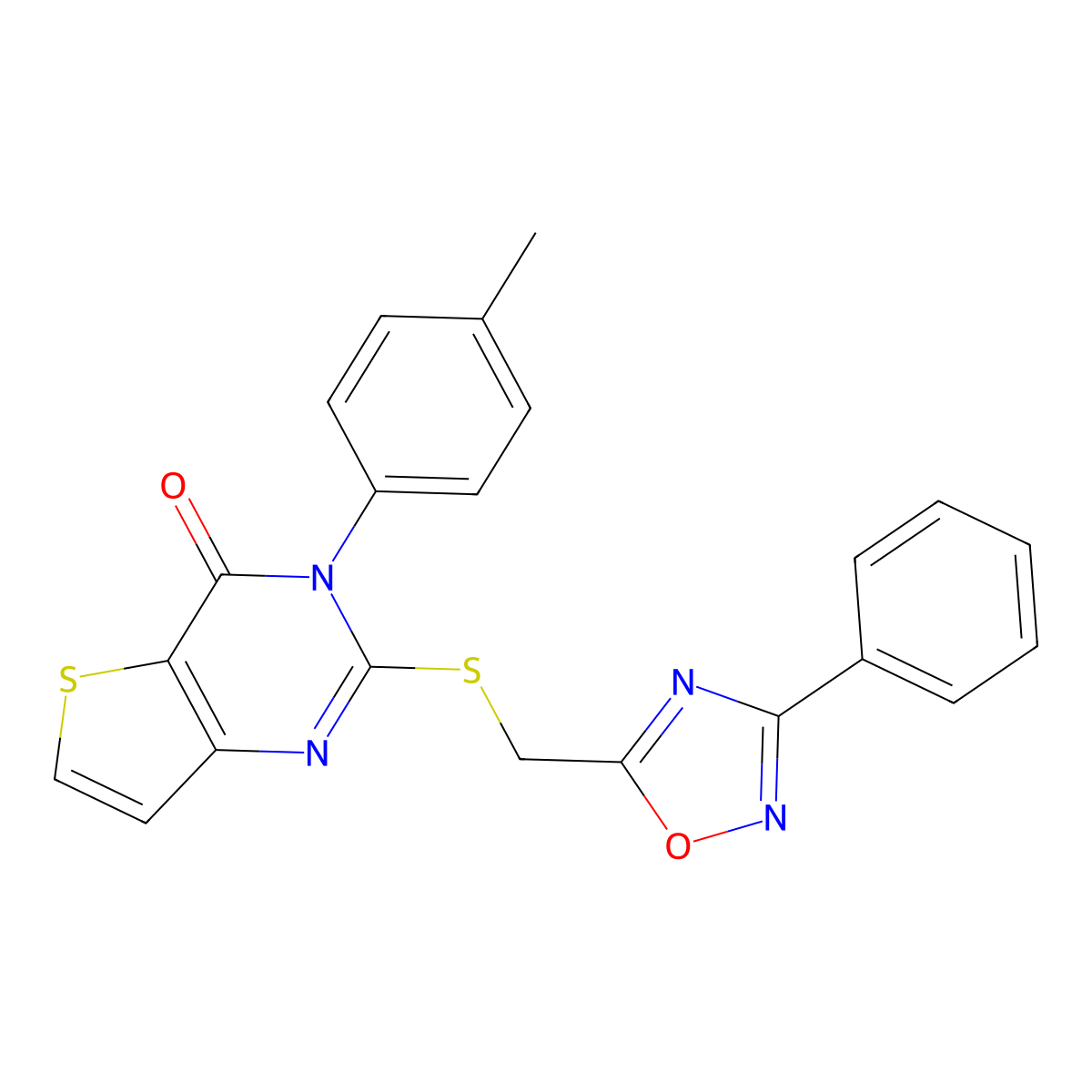 3-(4-methylphenyl)-2-{[(3-phenyl-1,2,4-oxadiazol-5-yl)methyl]sulfanyl}-3H,4H-thieno[3,2-d]pyrimidin-4-one molecular structure, CAS 1040666-66-7
