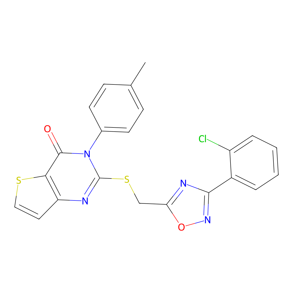 2-(((3-(2-chlorophenyl)-1,2,4-oxadiazol-5-yl)methyl)thio)-3-(p-tolyl)thieno[3,2-d]pyrimidin-4(3H)-one molecular structure, CAS 1040666-73-6