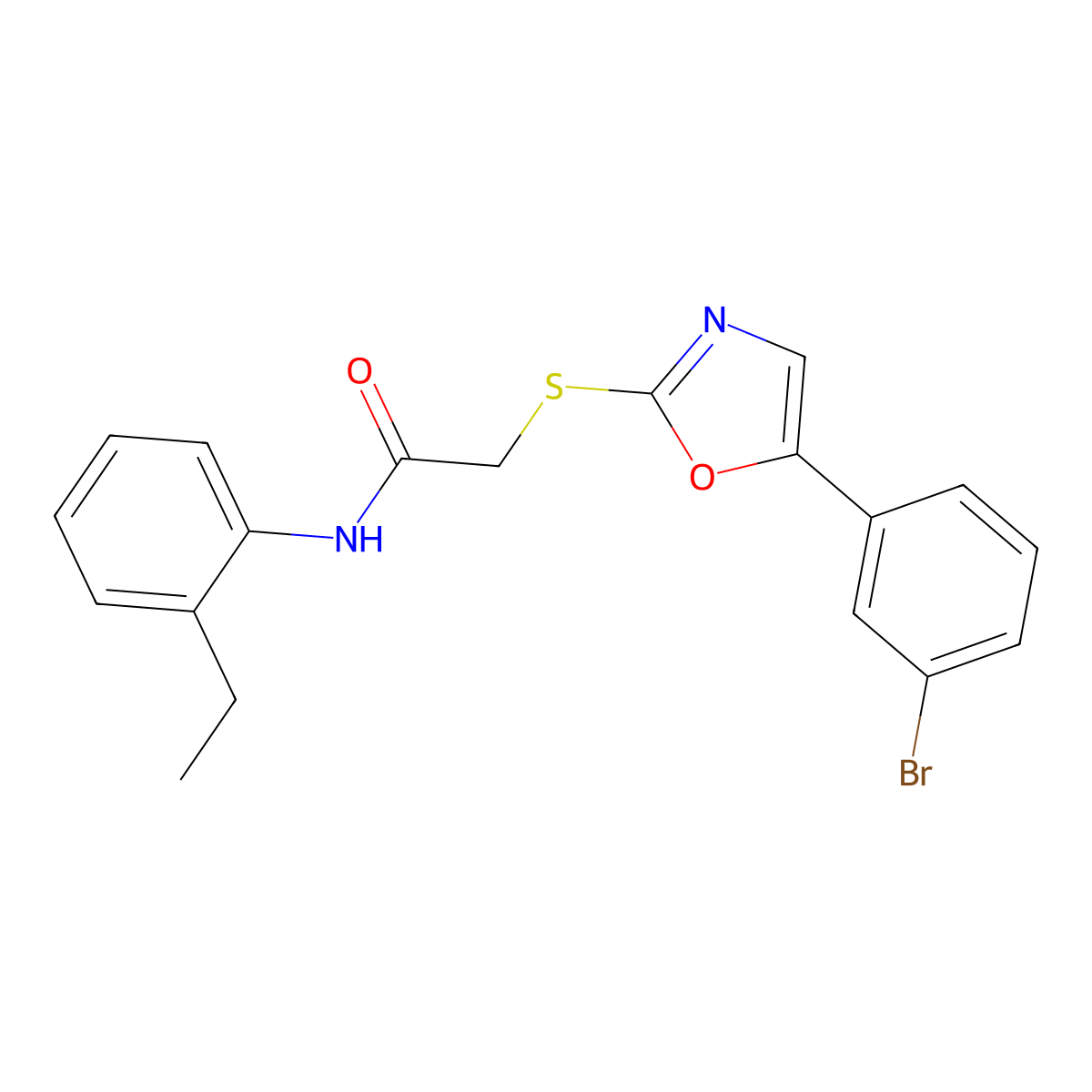 2-((5-(3-bromophenyl)oxazol-2-yl)thio)-N-(2-ethylphenyl)acetamide molecular structure, CAS 1040666-90-7
