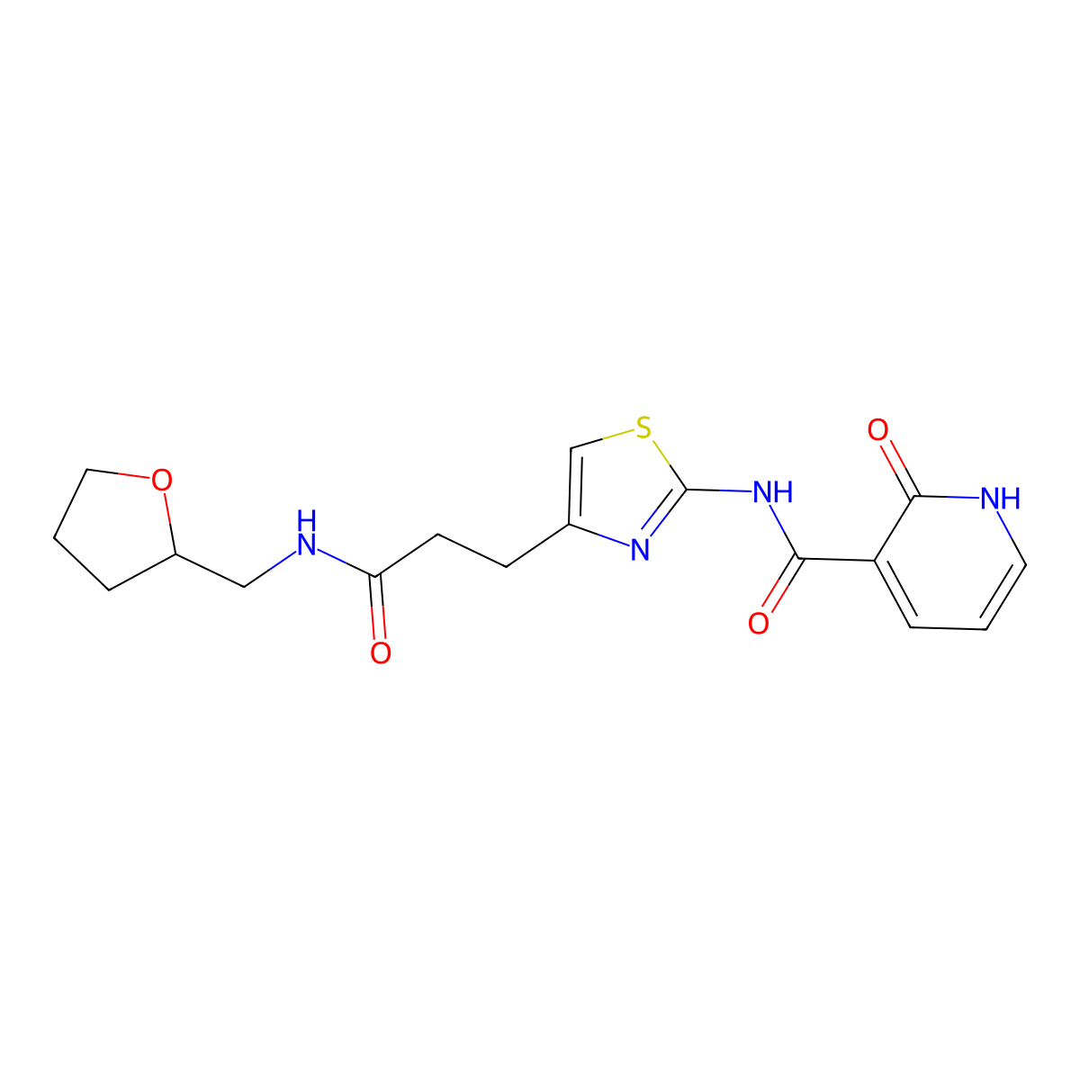 2-oxo-N-(4-(3-oxo-3-(((tetrahydrofuran-2-yl)methyl)amino)propyl)thiazol-2-yl)-1,2-dihydropyridine-3-carboxamide molecular structure, CAS 1040666-92-9