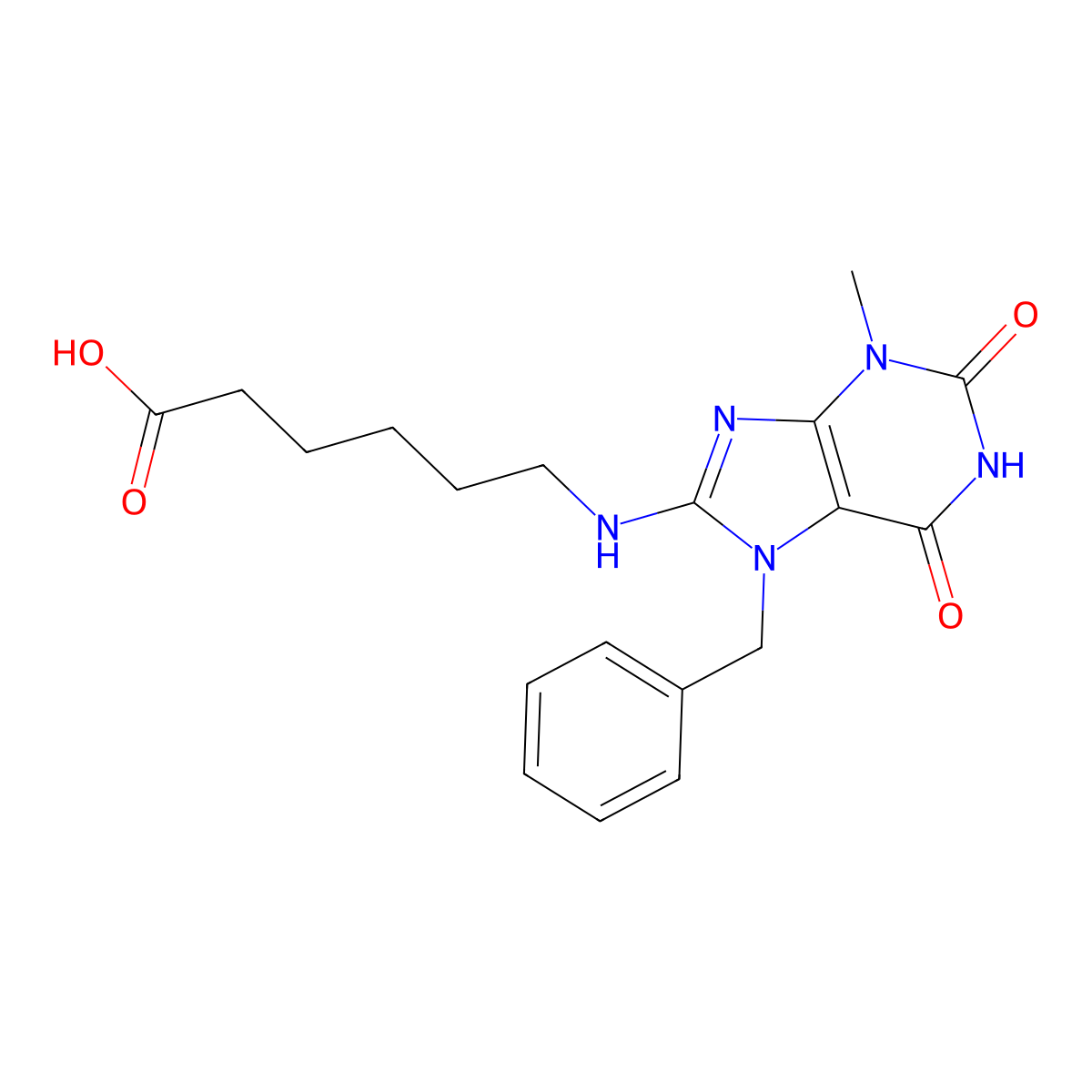 6-[(7-benzyl-3-methyl-2,6-dioxo-2,3,6,7-tetrahydro-1H-purin-8-yl)amino]hexanoic acid molecular structure, CAS 1040666-95-2