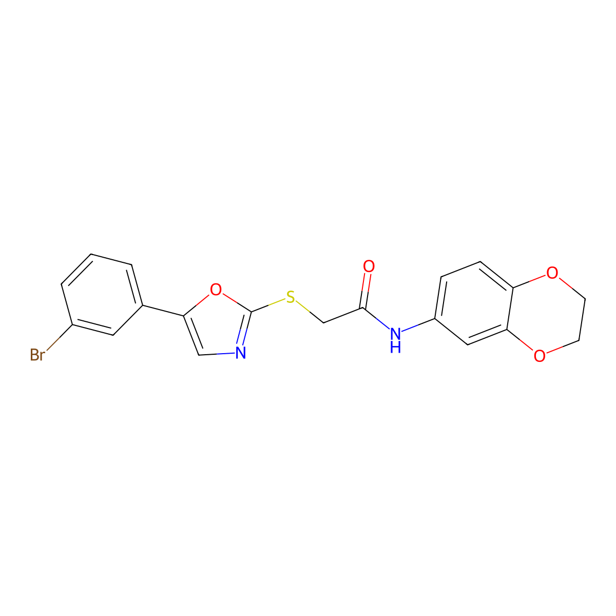 2-((5-(3-bromophenyl)oxazol-2-yl)thio)-N-(2,3-dihydrobenzo[b][1,4]dioxin-6-yl)acetamide molecular structure, CAS 1040666-97-4