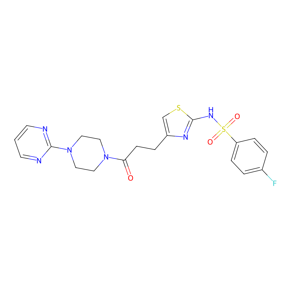 4-fluoro-N-(4-{3-oxo-3-[4-(pyrimidin-2-yl)piperazin-1-yl]propyl}-1,3-thiazol-2-yl)benzene-1-sulfonamide molecular structure, CAS 1040667-07-9