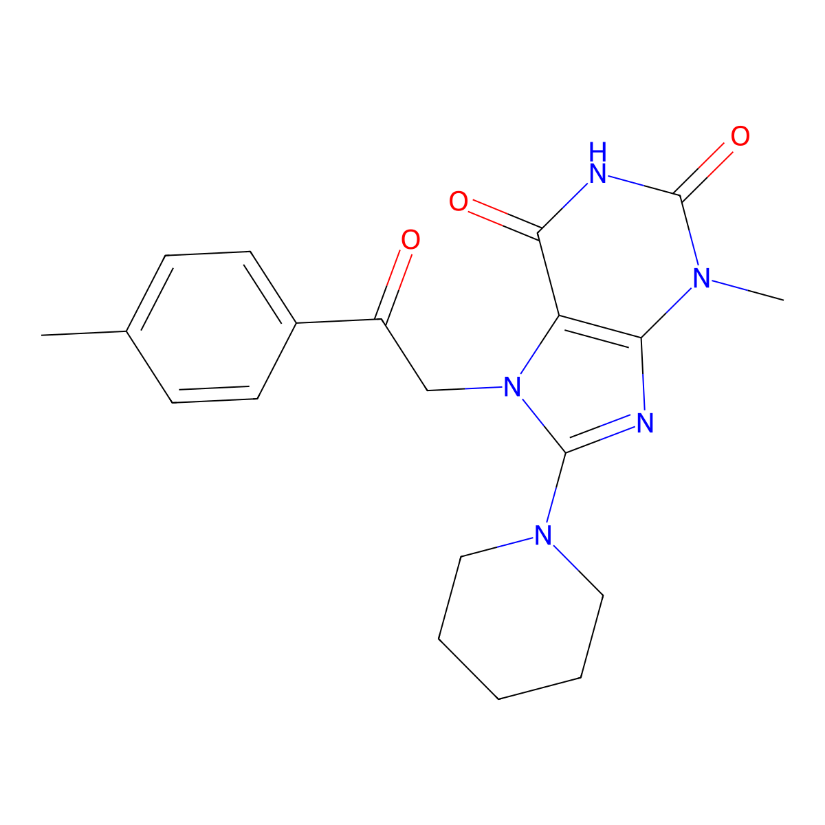 3-methyl-7-(2-oxo-2-(p-tolyl)ethyl)-8-(piperidin-1-yl)-1H-purine-2,6(3H,7H)-dione molecular structure, CAS 1040667-23-9
