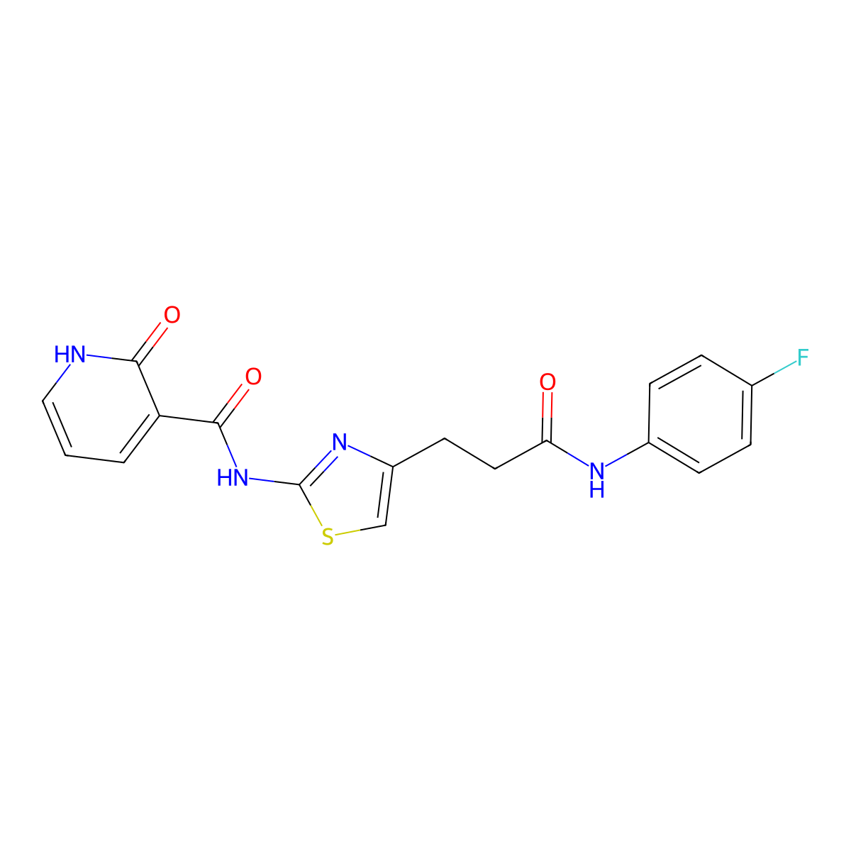 N-(4-{2-[(4-fluorophenyl)carbamoyl]ethyl}-1,3-thiazol-2-yl)-2-oxo-1,2-dihydropyridine-3-carboxamide molecular structure, CAS 1040667-33-1