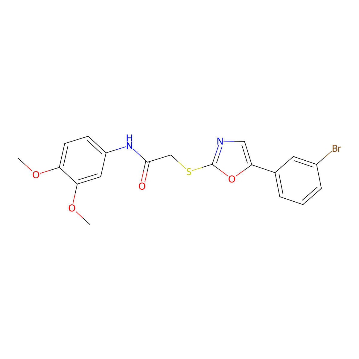 2-((5-(3-bromophenyl)oxazol-2-yl)thio)-N-(3,4-dimethoxyphenyl)acetamide molecular structure, CAS 1040667-49-9