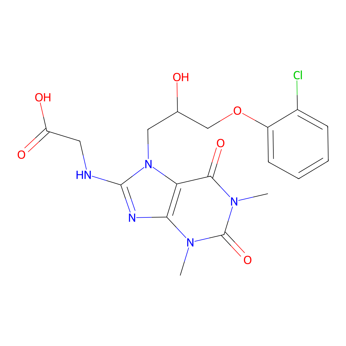2-((7-(3-(2-chlorophenoxy)-2-hydroxypropyl)-1,3-dimethyl-2,6-dioxo-2,3,6,7-tetrahydro-1H-purin-8-yl)amino)acetic acid molecular structure, CAS 1040667-90-0
