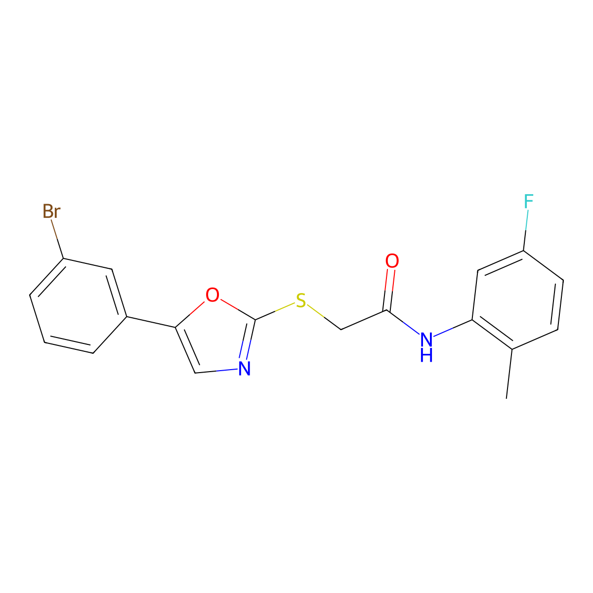 2-((5-(3-bromophenyl)oxazol-2-yl)thio)-N-(5-fluoro-2-methylphenyl)acetamide molecular structure, CAS 1040667-91-1