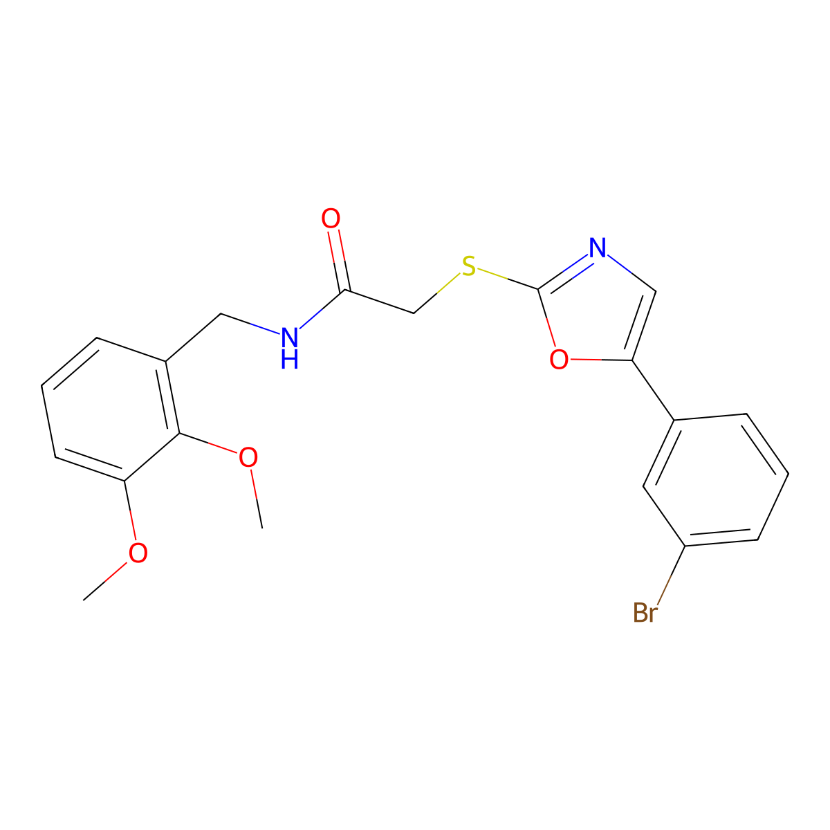 2-((5-(3-bromophenyl)oxazol-2-yl)thio)-N-(2,3-dimethoxybenzyl)acetamide molecular structure, CAS 1040668-16-3